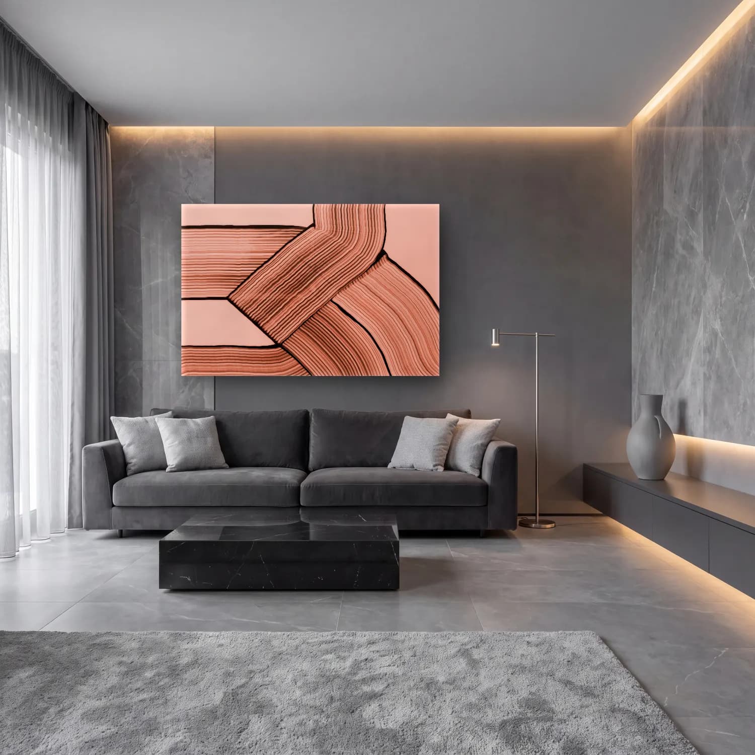 Modern Soyut Dalgalı Çizgiler No. 13 cam tablo — lüks salon duvarında