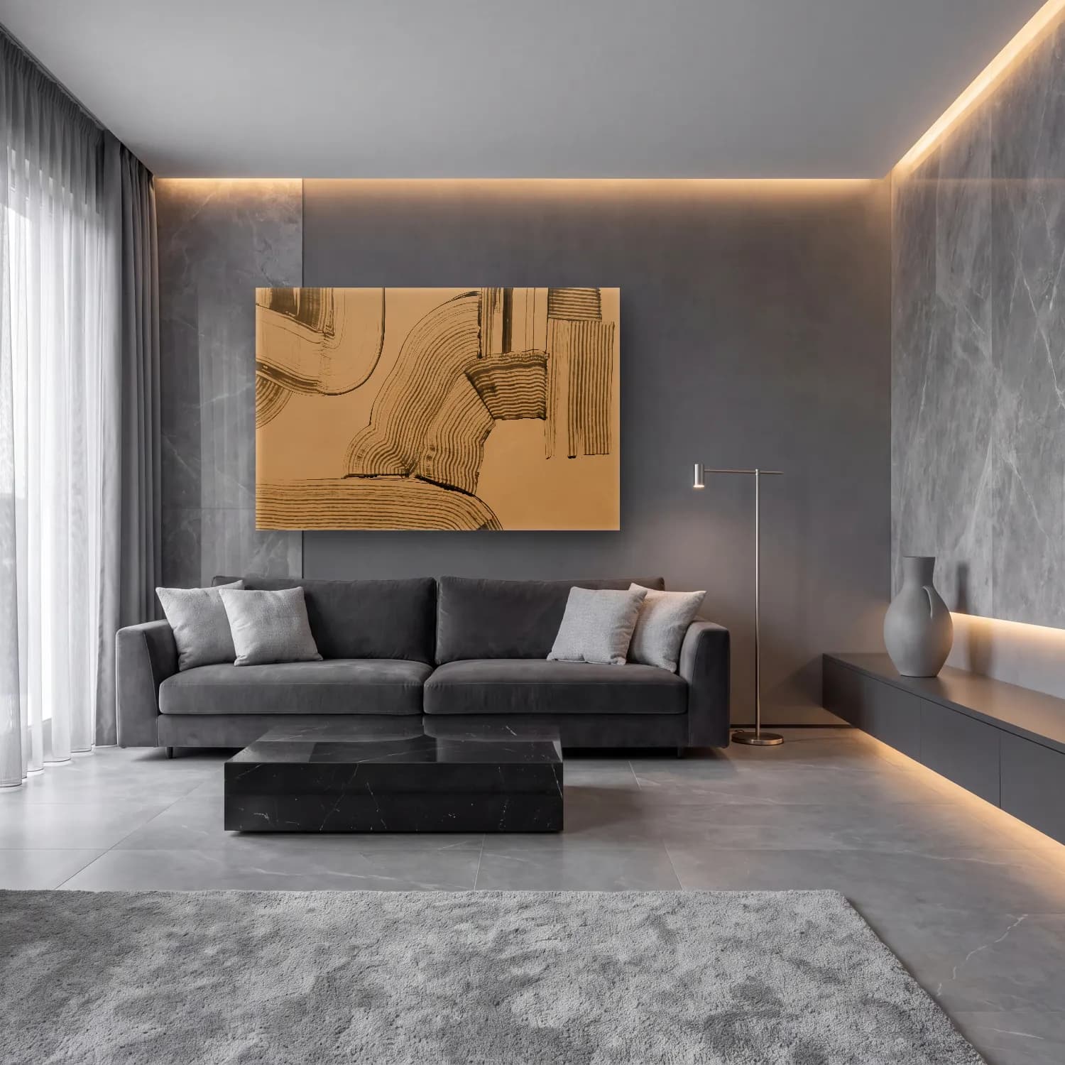 Siyah Beyaz Soyut Kemer – Bej Tonlar cam tablo — lüks salon duvarında