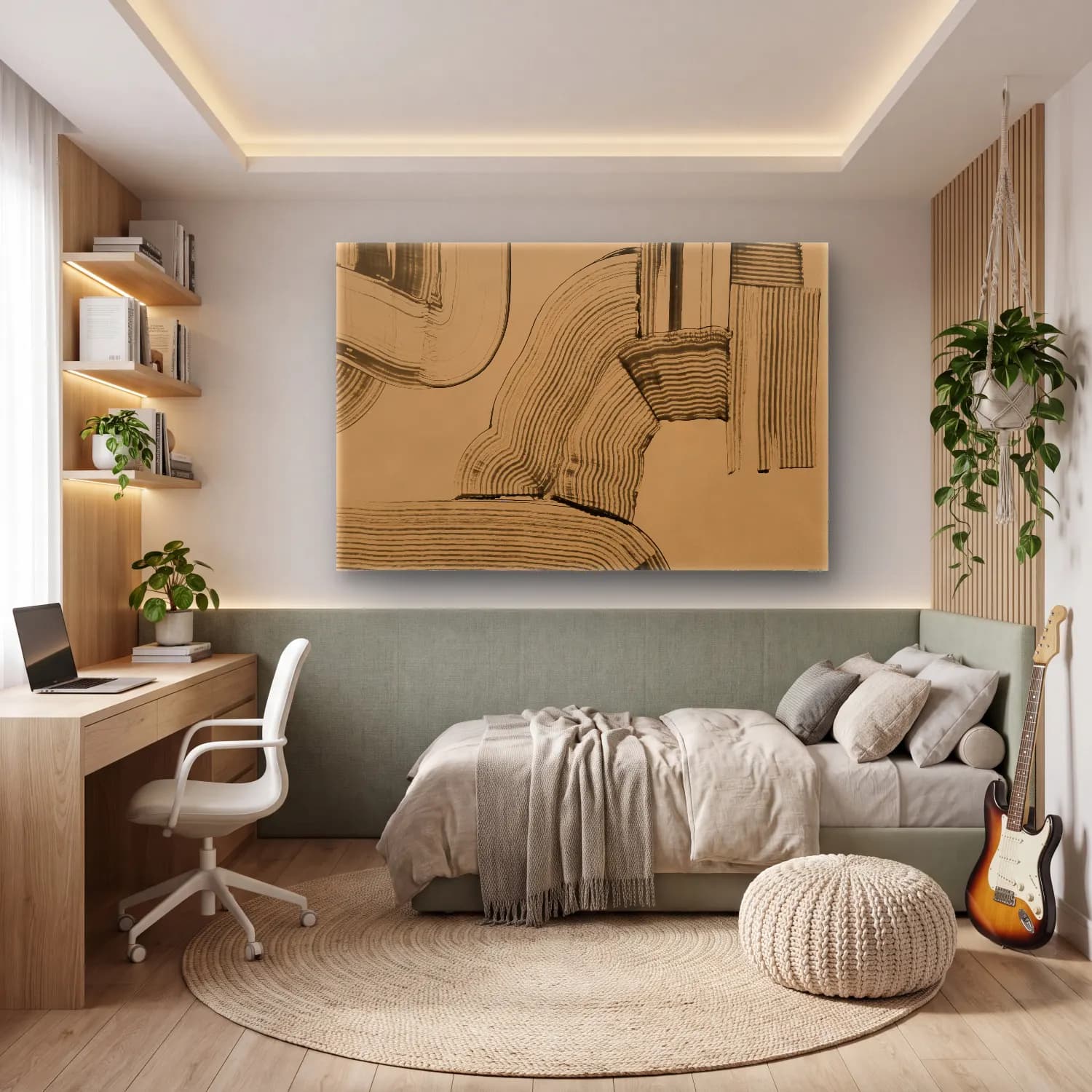 Siyah Beyaz Soyut Kemer – Bej Tonlar cam tablo — genç odasında