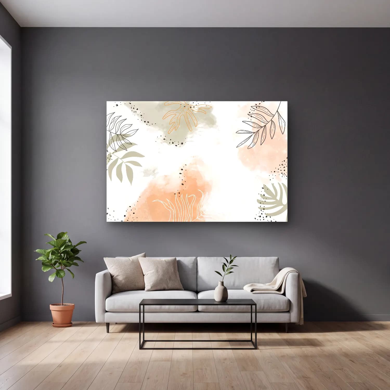 Boho Çiçek Deseni No. 112 cam tablo — gri duvarlı salonda