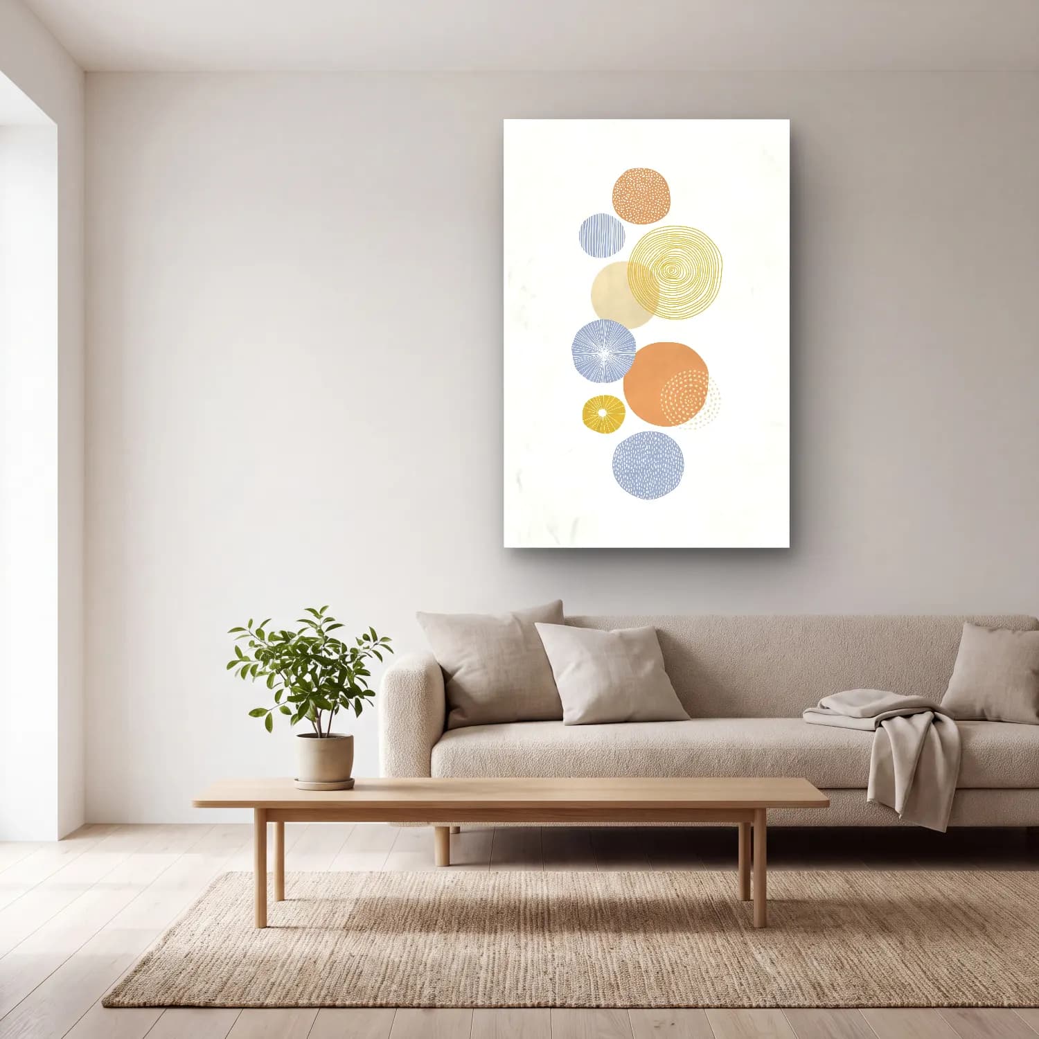 Boho Geometrik Daireler No. 24 cam tablo — açık renk salonda