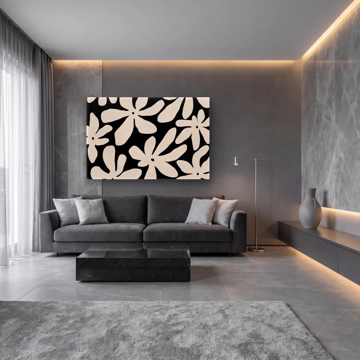 Siyah Beyaz Çiçek Deseni No. 11 cam tablo — lüks salon duvarında