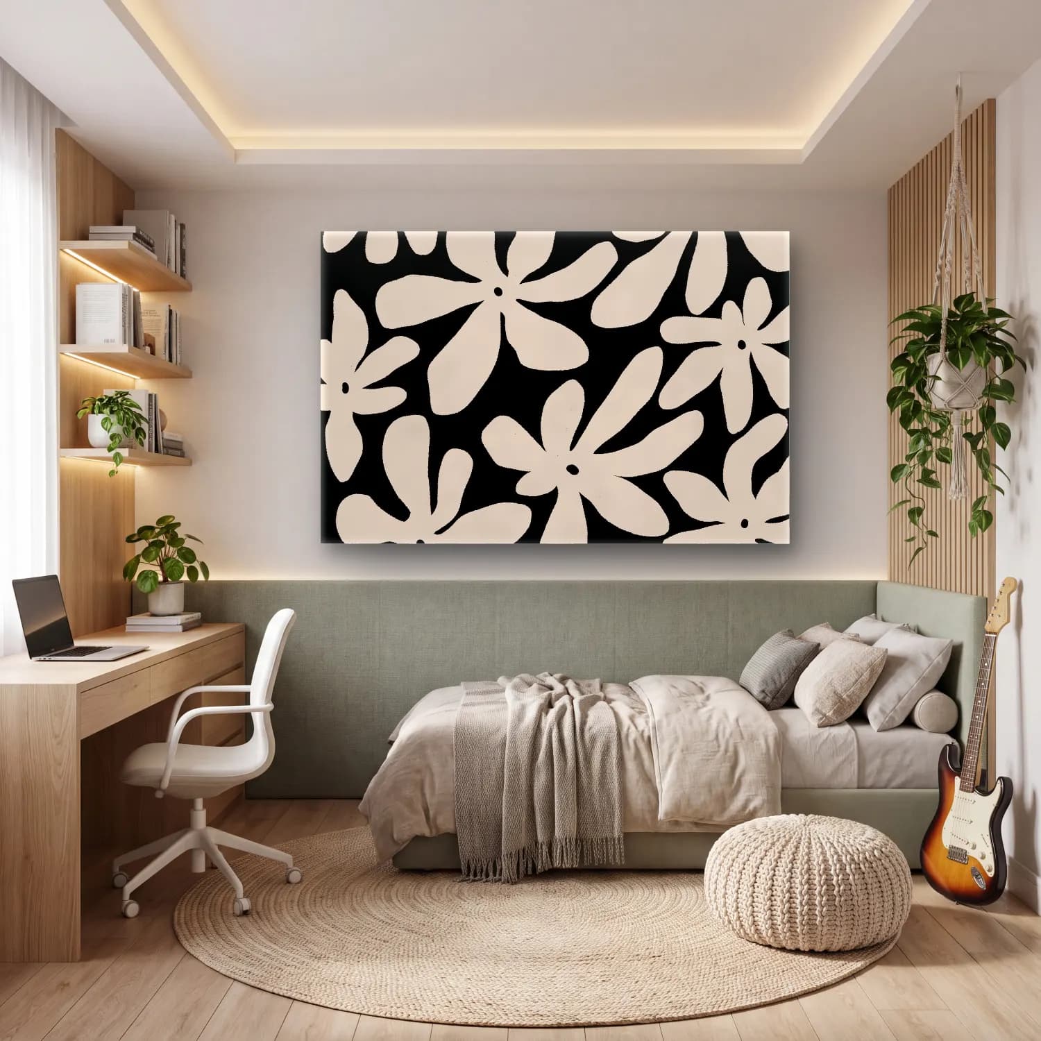 Siyah Beyaz Çiçek Deseni No. 11 cam tablo — genç odasında