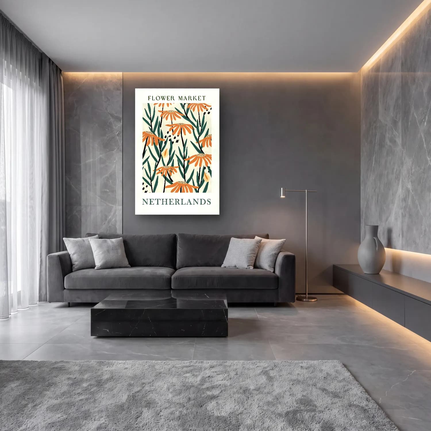 Boho Çiçek Deseni No. 128 cam tablo — lüks salon duvarında