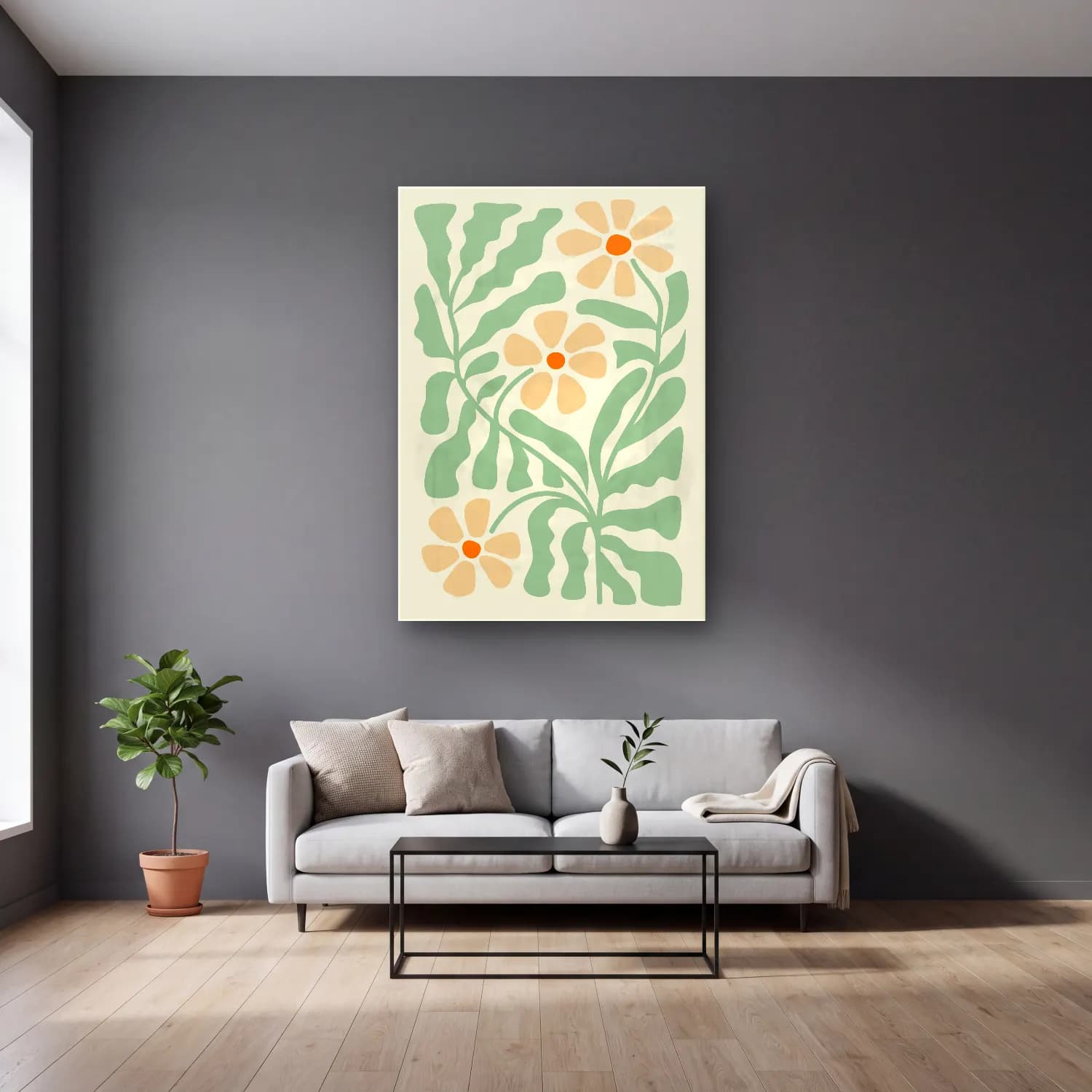 Henri Matisse – Çiçek Deseni – Bej Tonlar cam tablo — gri duvarlı salonda