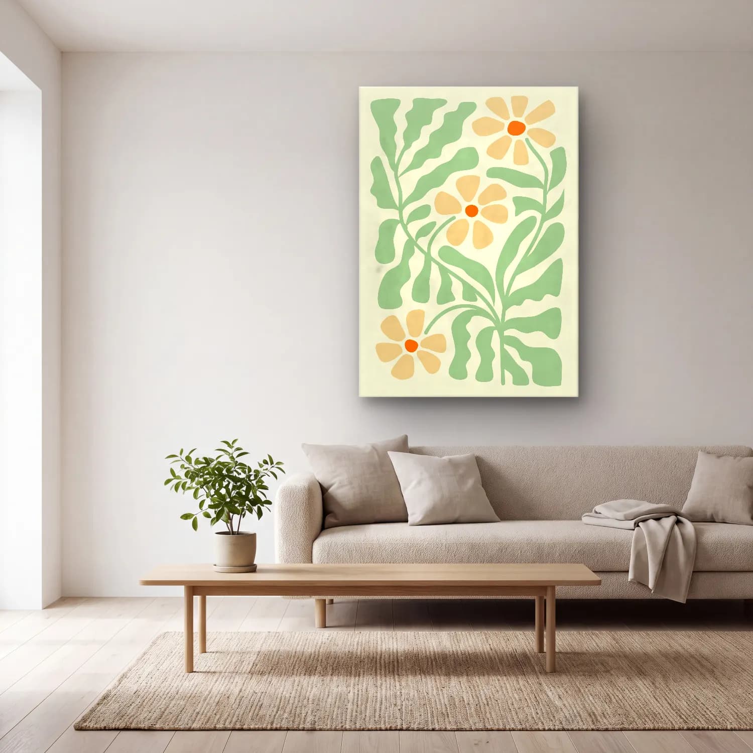 Henri Matisse – Çiçek Deseni – Bej Tonlar cam tablo — açık renk salonda