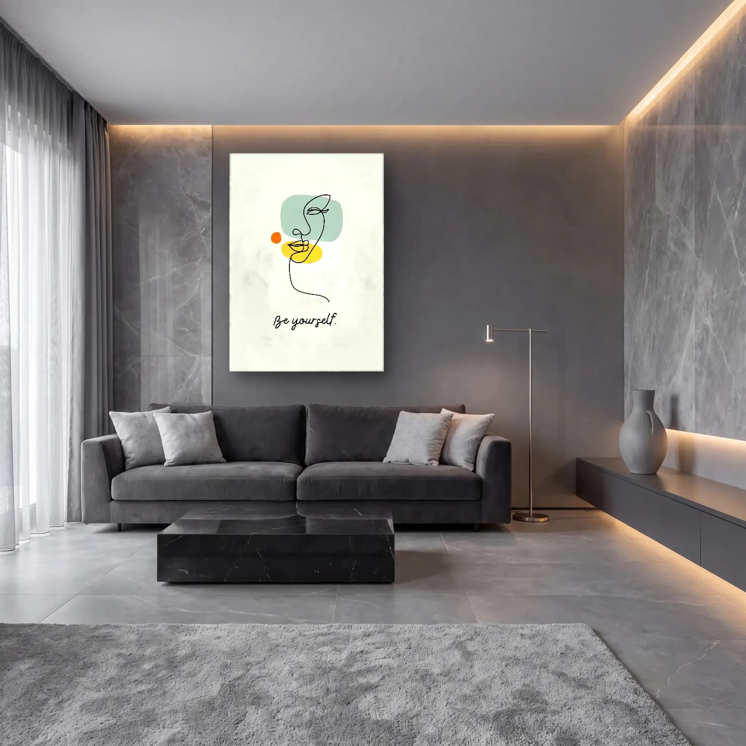 Çizgi Sanatı Çizgi Yüz cam tablo — lüks salon duvarında