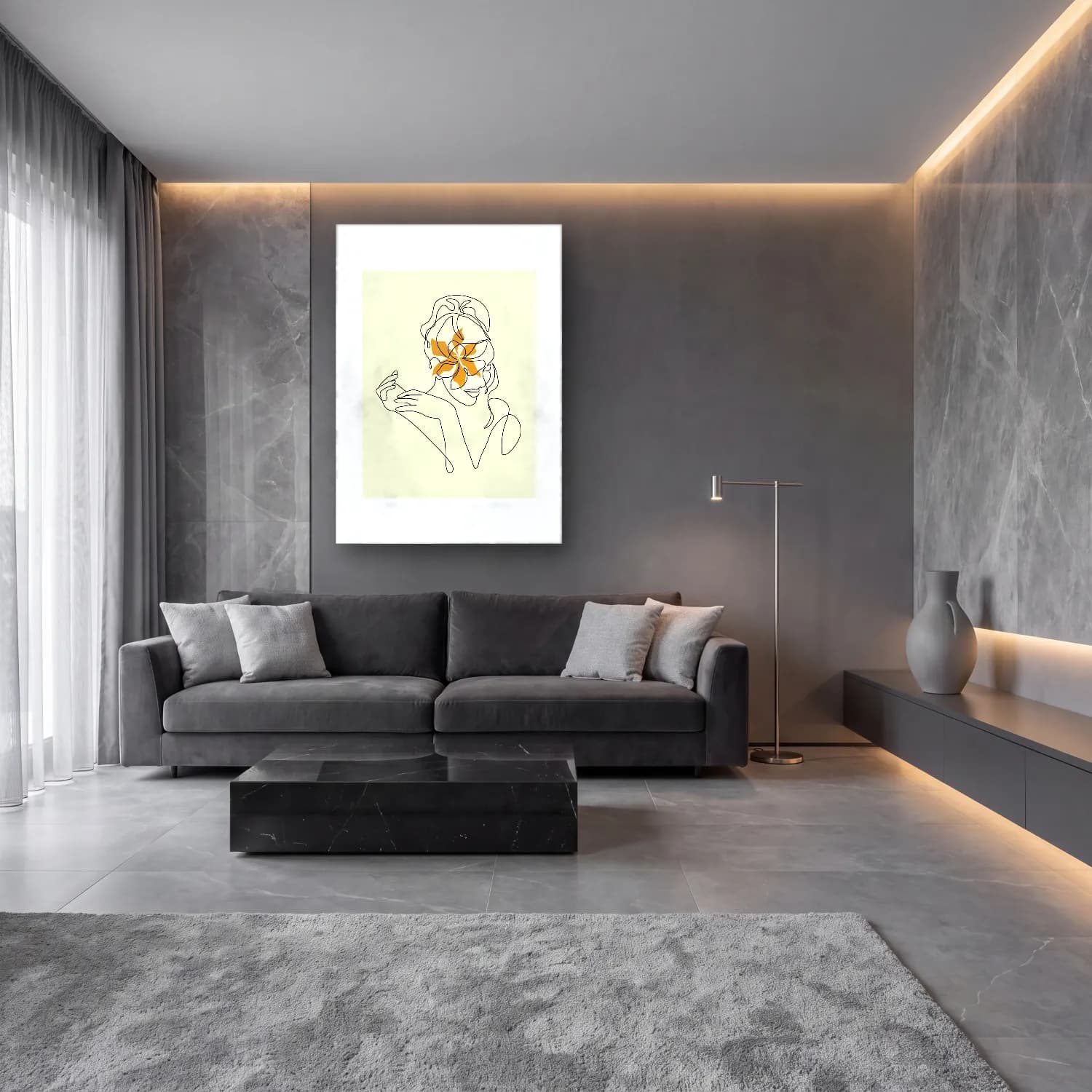 Çizgi Sanatı Çizgi Yüz – Bej Tonlar cam tablo — lüks salon duvarında