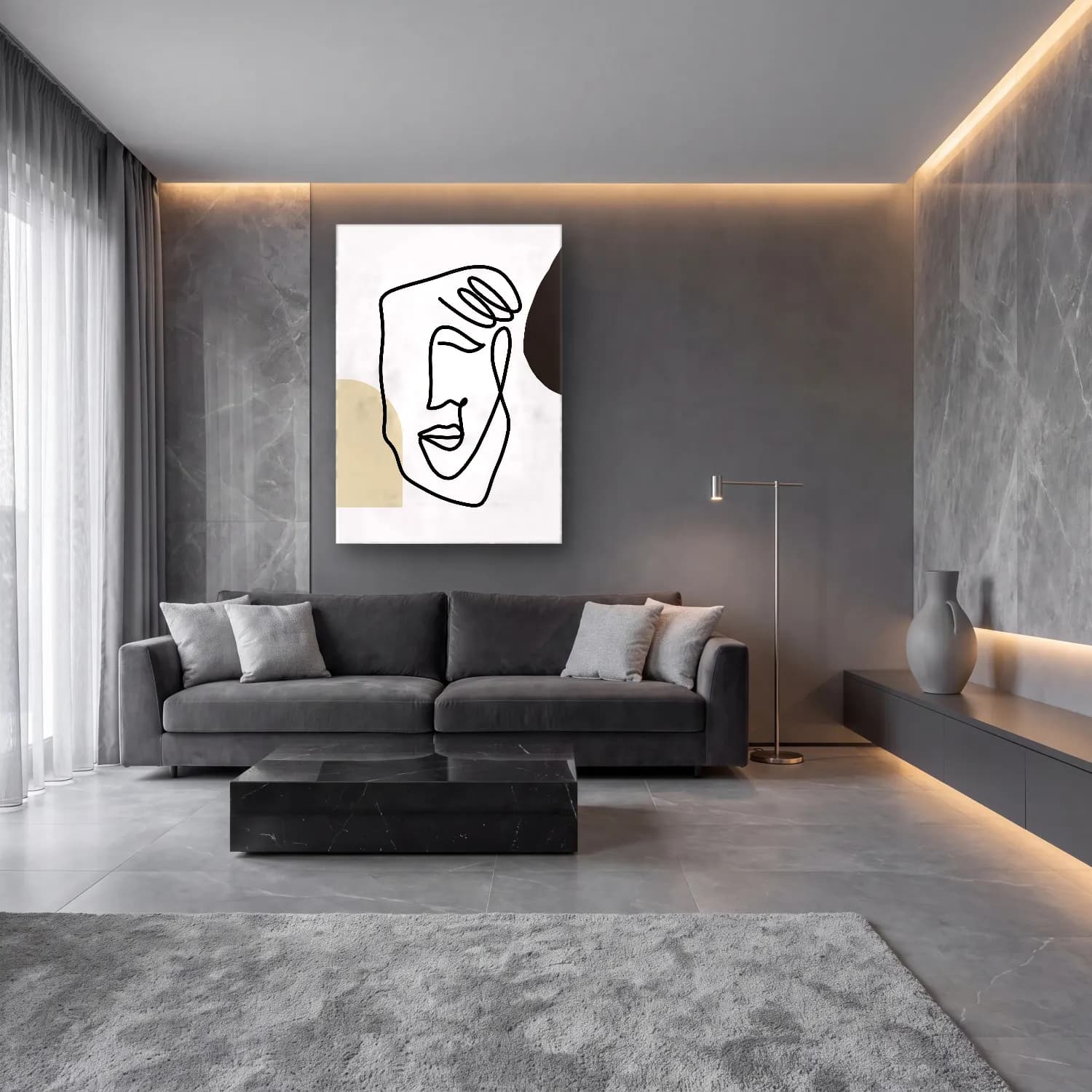 Çizgi Sanatı Çizgi Yüz No. 4 cam tablo — lüks salon duvarında