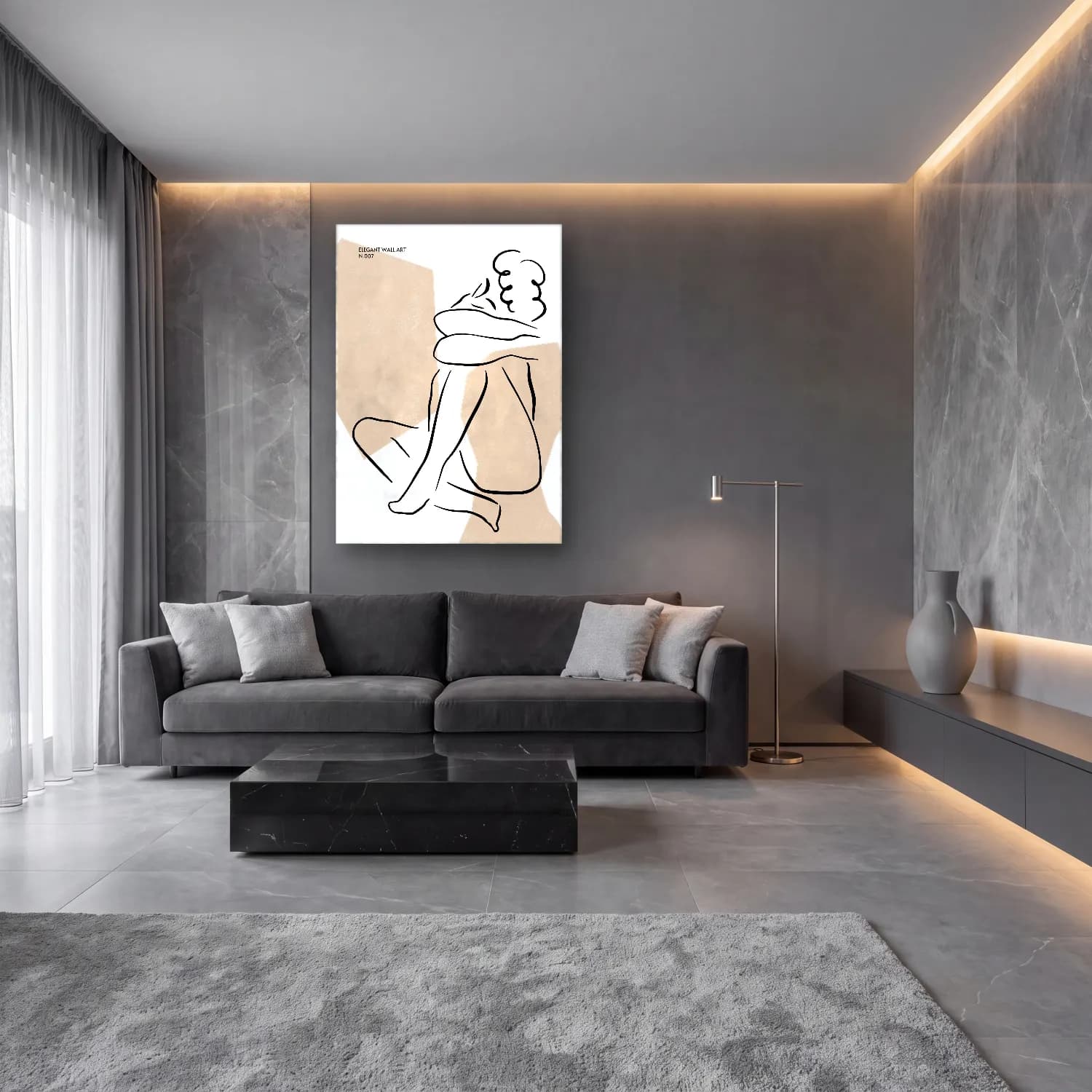 Çizgi Sanatı Figür Çalışması cam tablo — lüks salon duvarında