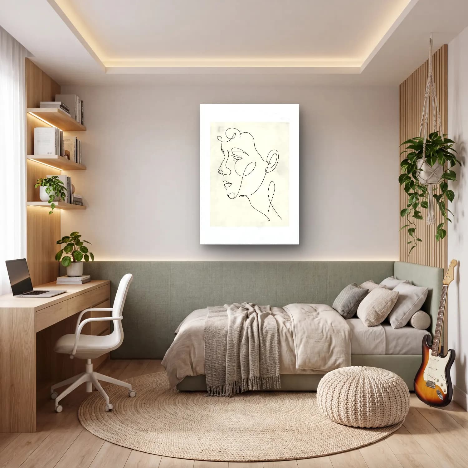 Çizgi Sanatı Çizgi Yüz – Siyah Beyaz Tonlar cam tablo — genç odasında
