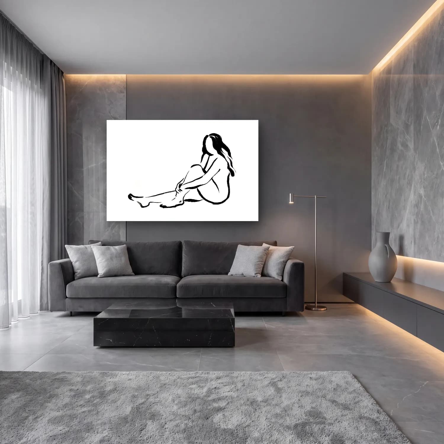 Çizgi Sanatı Figür Çalışması – Siyah Beyaz Tonlar cam tablo — lüks salon duvarında