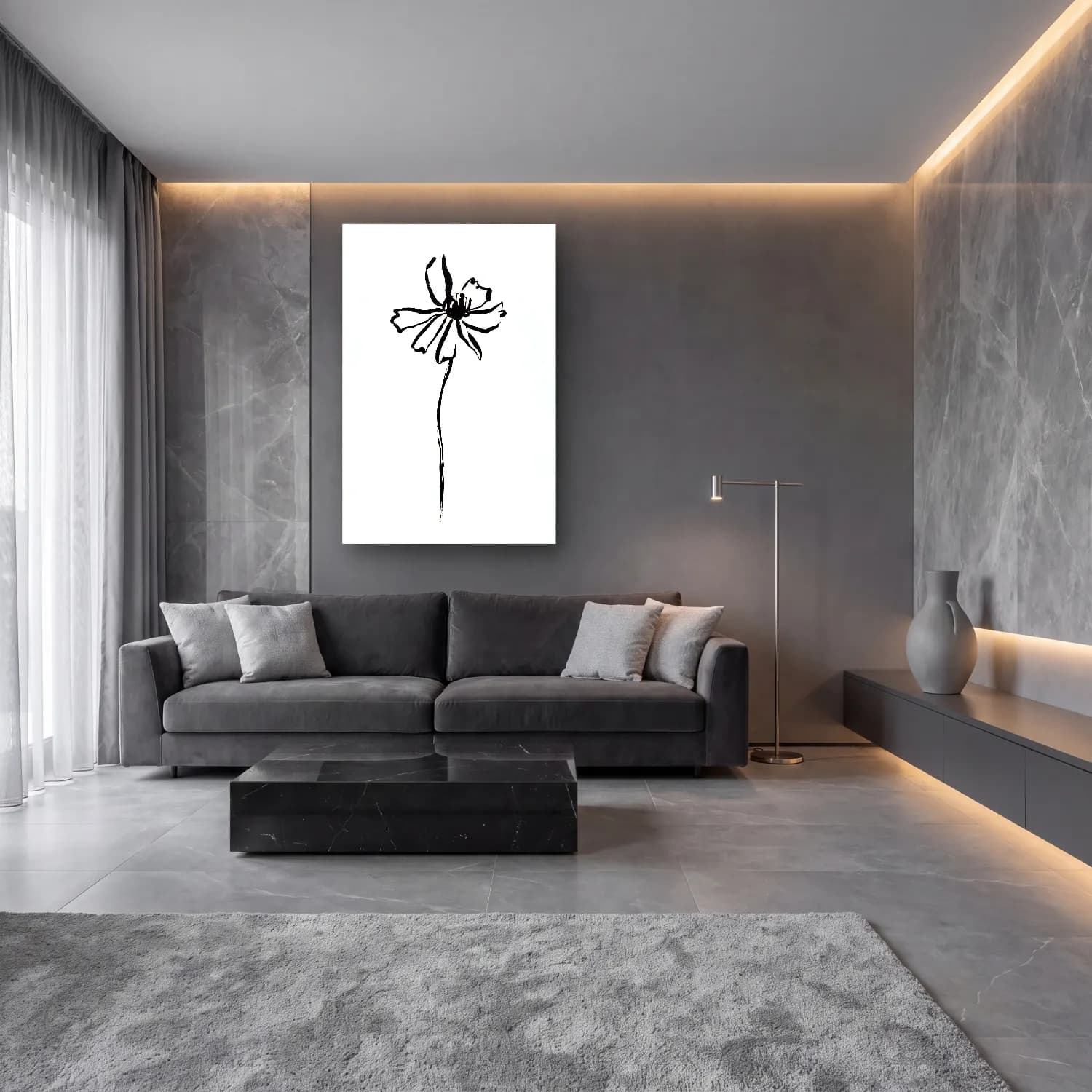 Çizgi Sanatı Papatyalar cam tablo — lüks salon duvarında