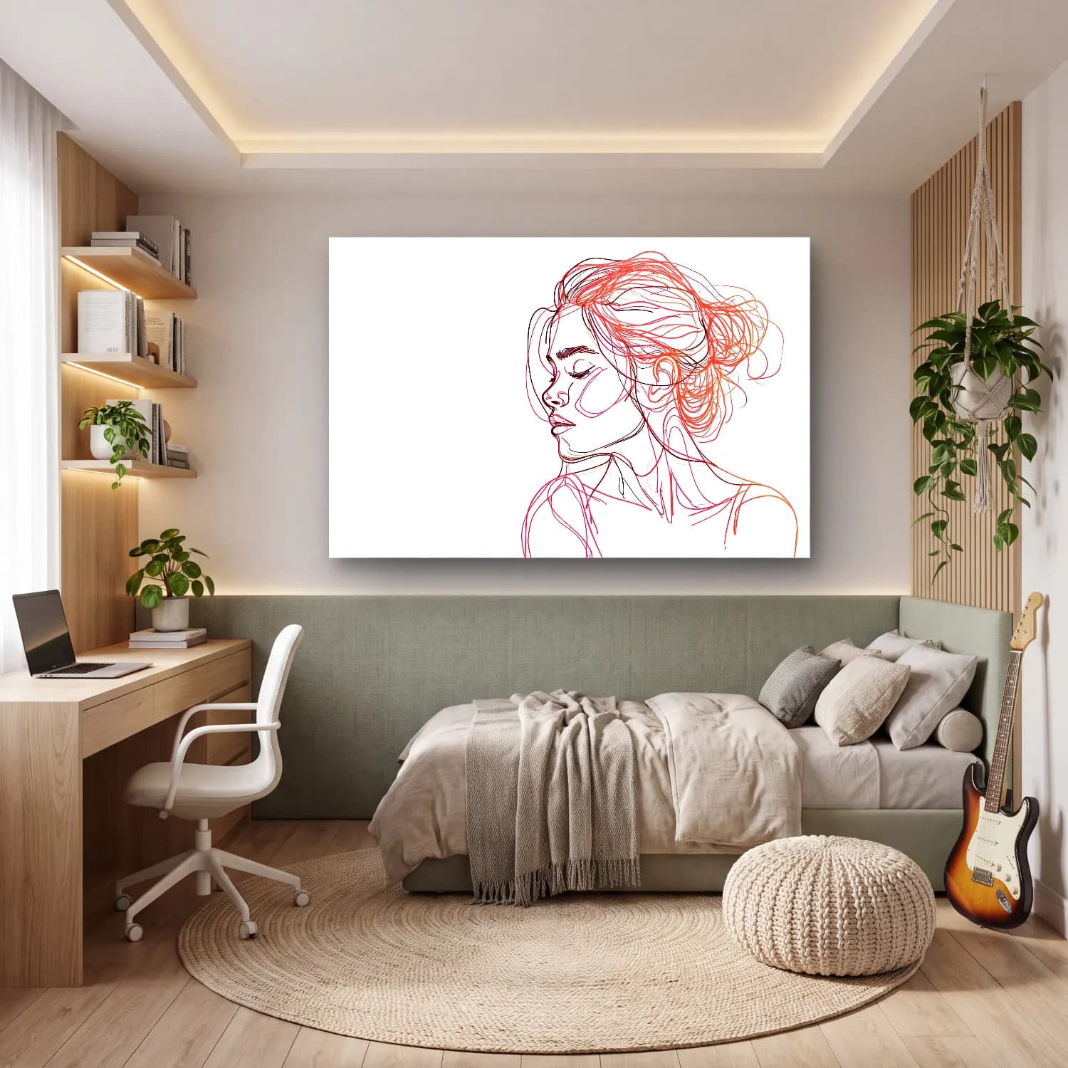 Çizgi Sanatı Çizgi Yüz – Kırmızı Tonlar cam tablo — genç odasında