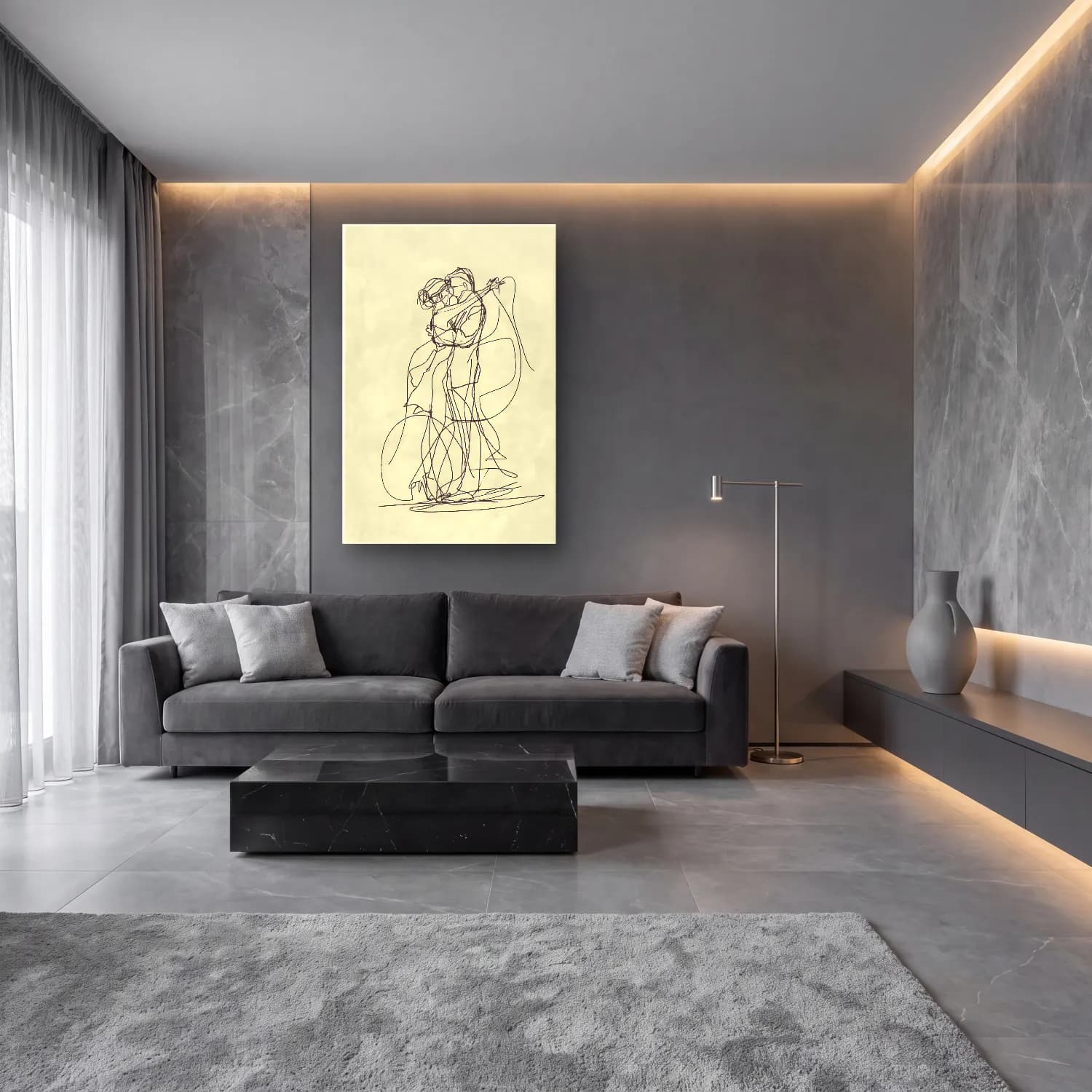 Çizgi Sanatı Aşıklar – Bej Tonlar cam tablo — lüks salon duvarında