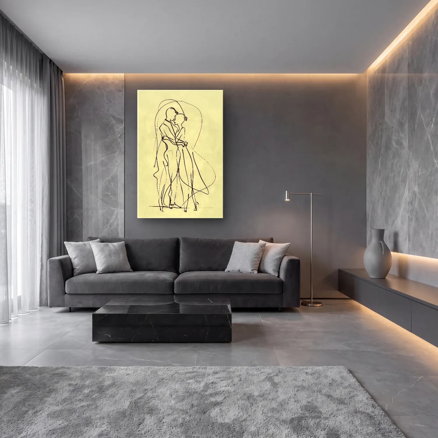 Çizgi Sanatı Aşıklar No. 5 cam tablo — lüks salon duvarında