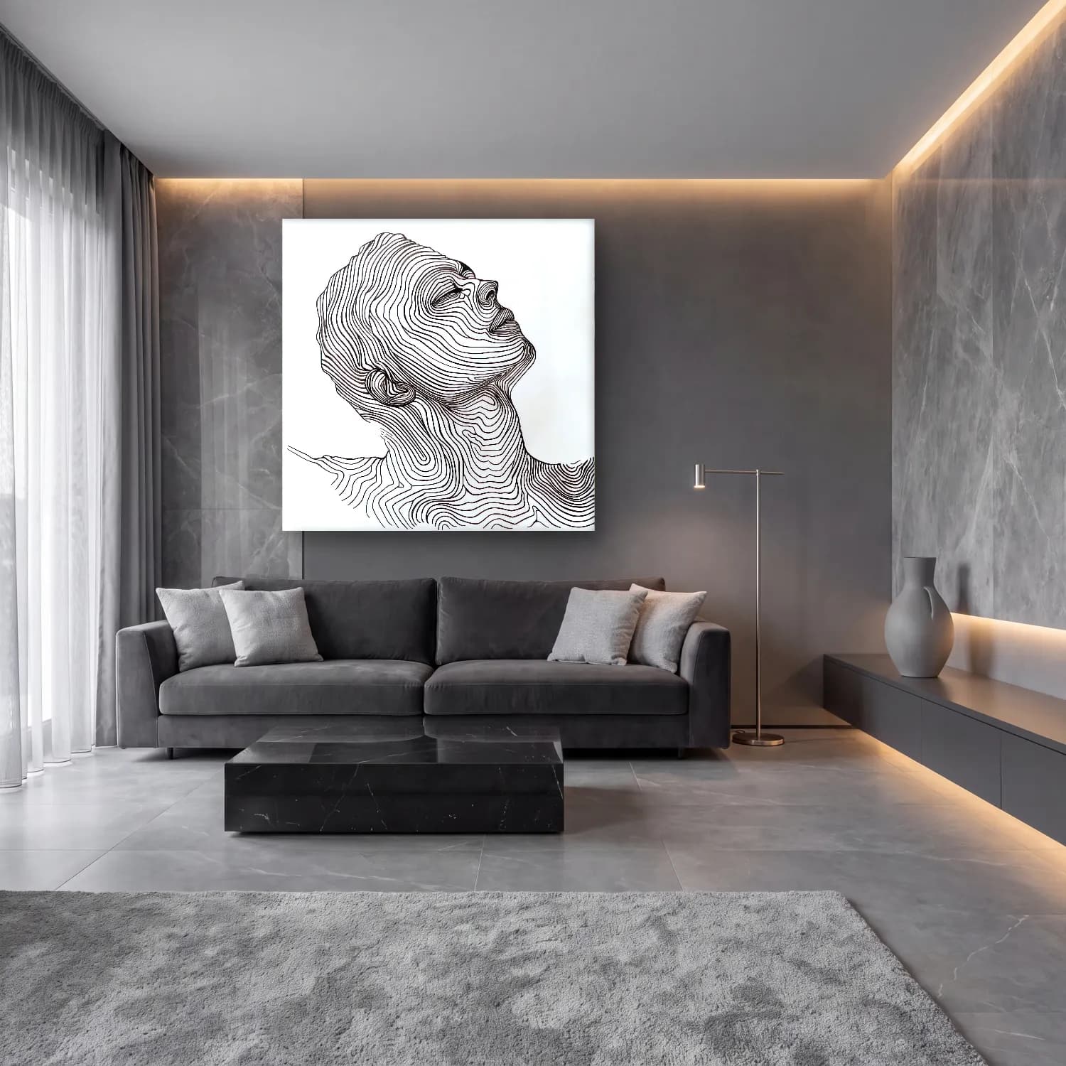 Çizgi Sanatı Çizgi Yüz No. 13 cam tablo — lüks salon duvarında