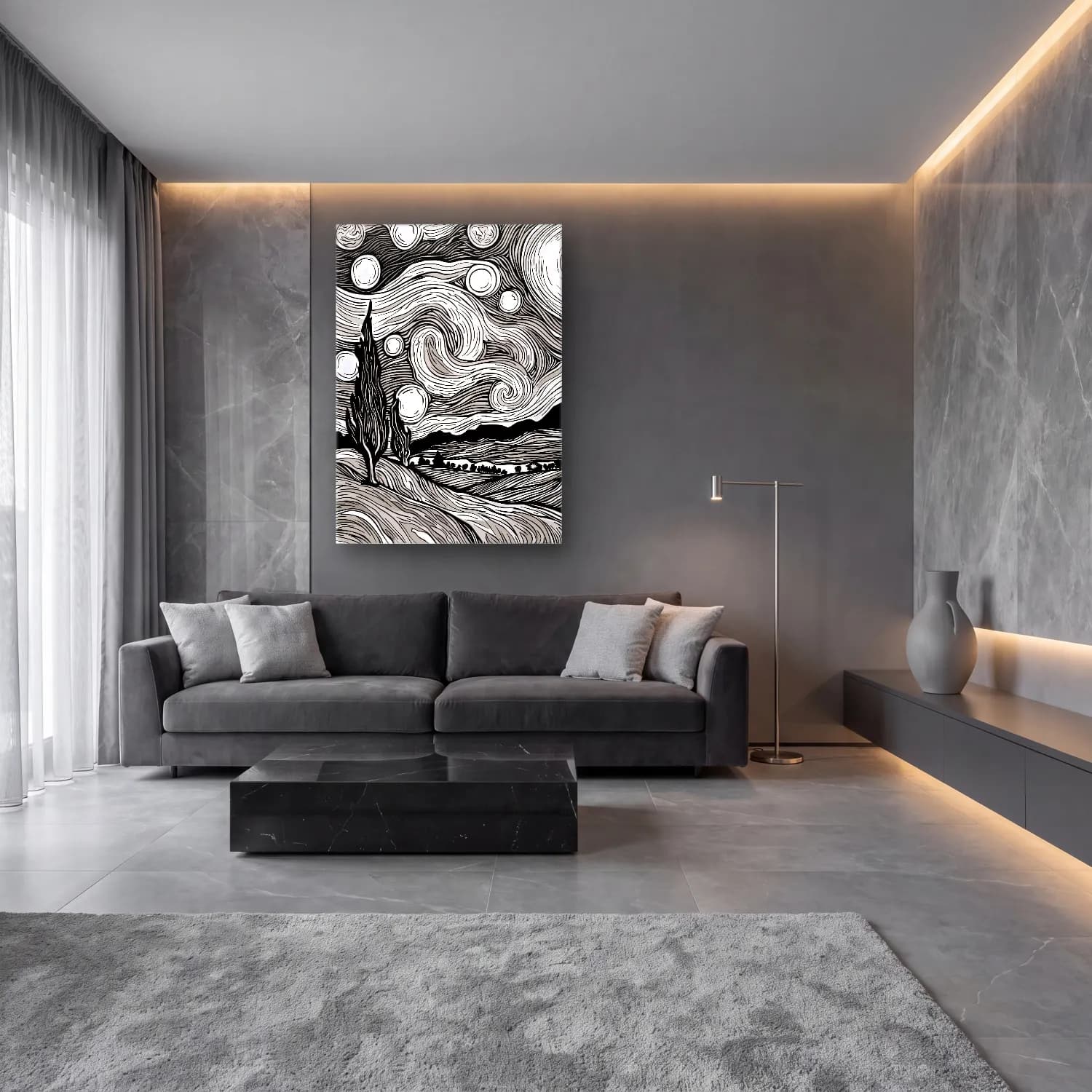 Siyah Beyaz Yıldızlı Gece cam tablo — lüks salon duvarında