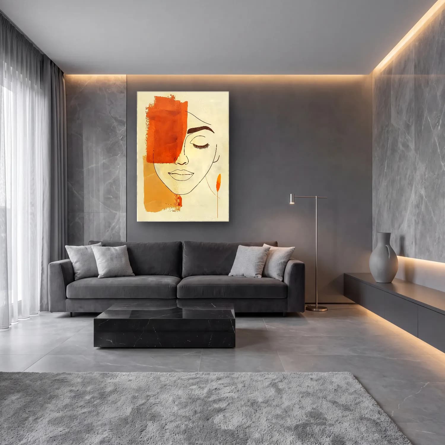 Boho Soyut Yüz – Turuncu Tonlar cam tablo — lüks salon duvarında
