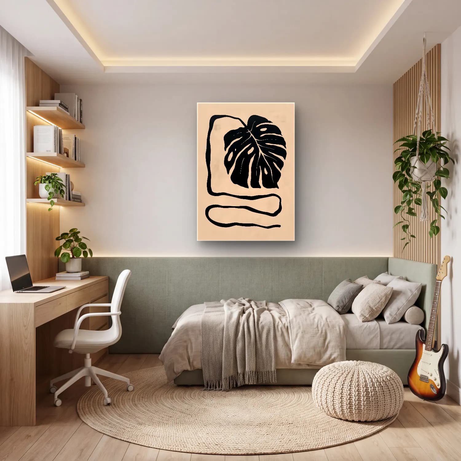 Çizgi Sanatı Monstera Yaprağı cam tablo — genç odasında
