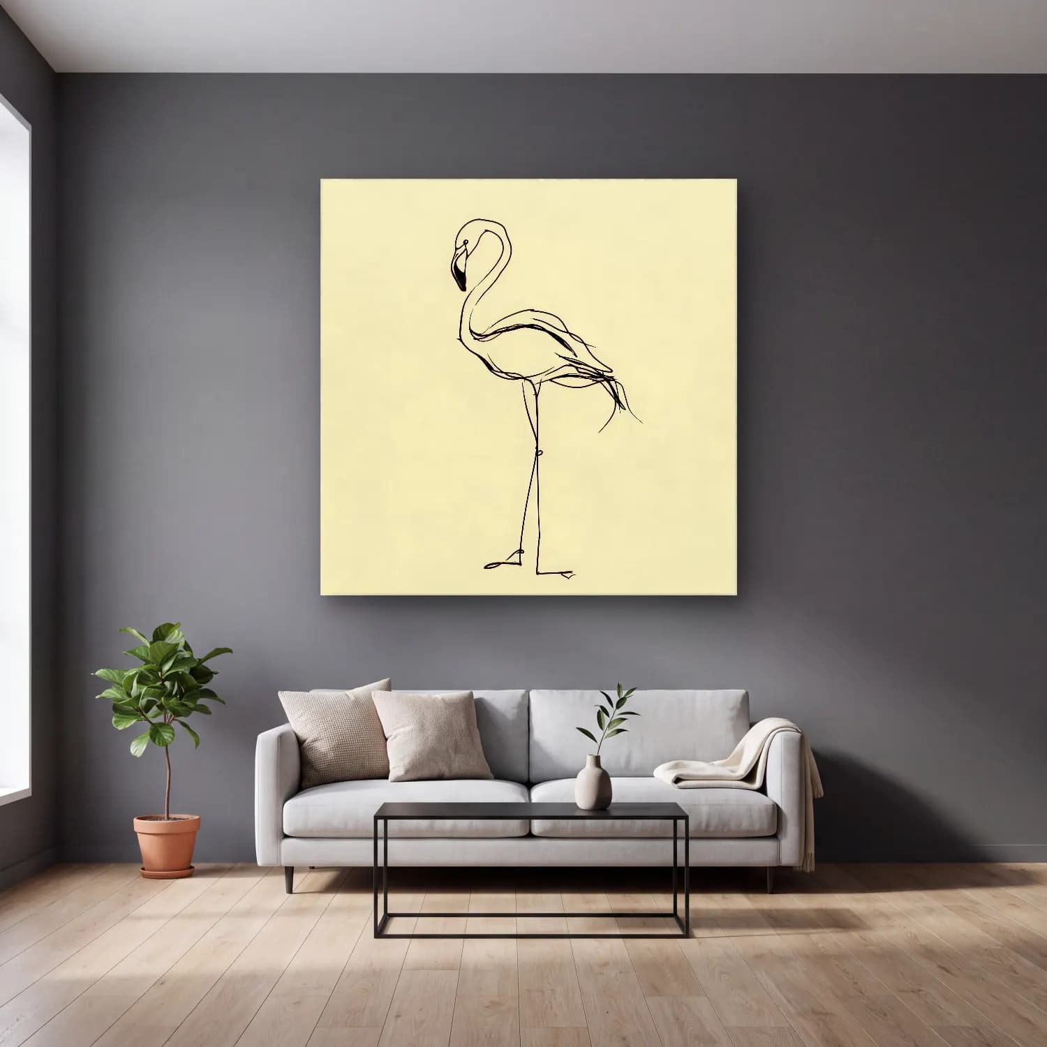 Çizgi Sanatı Flamingo cam tablo — gri duvarlı salonda