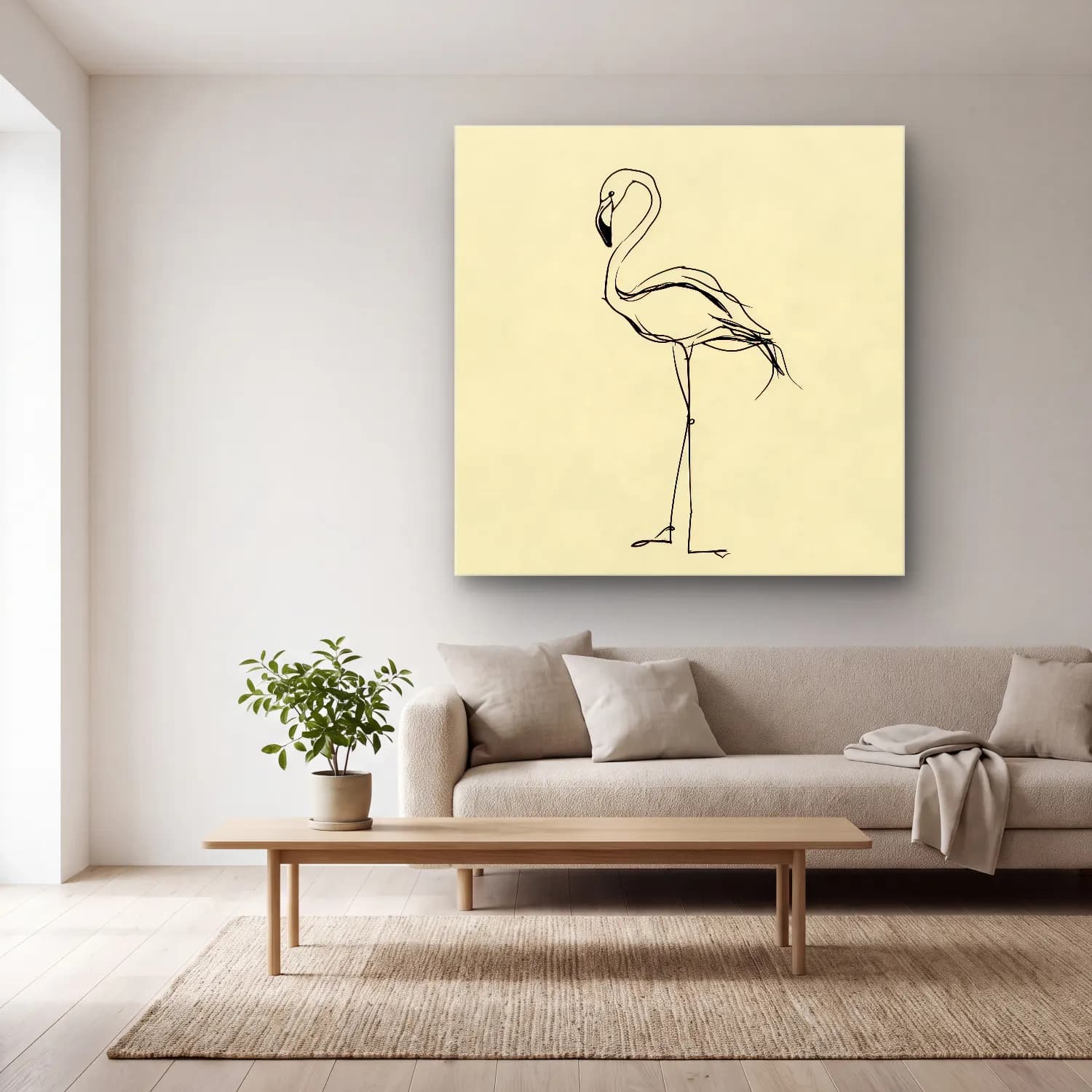 Çizgi Sanatı Flamingo cam tablo — açık renk salonda