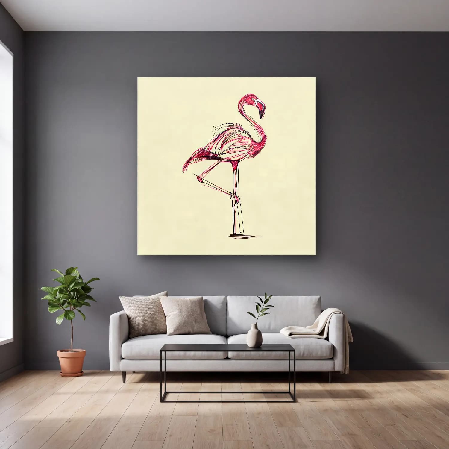 Çizgi Sanatı Flamingo – Pembe Tonlar cam tablo — gri duvarlı salonda