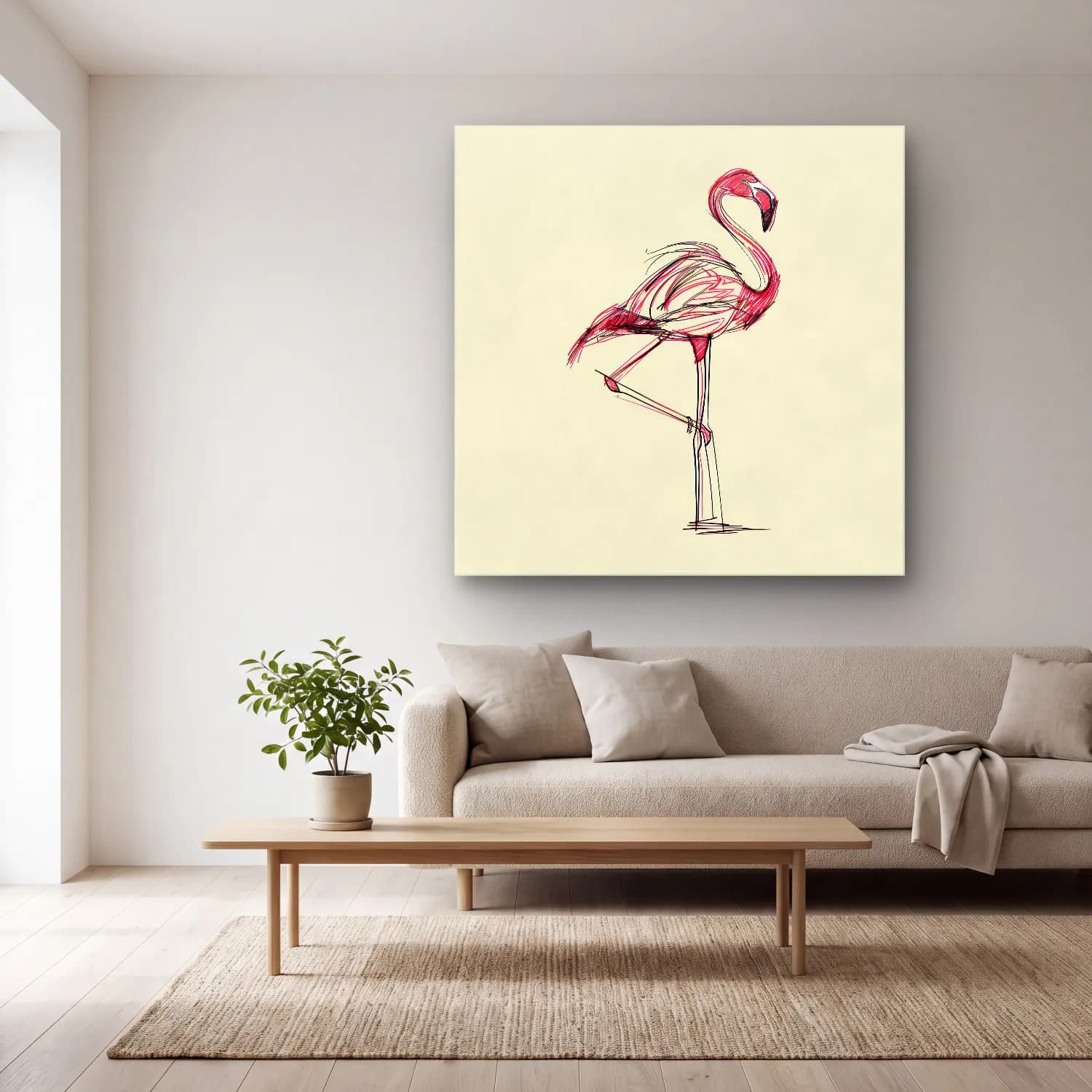 Çizgi Sanatı Flamingo – Pembe Tonlar cam tablo — açık renk salonda
