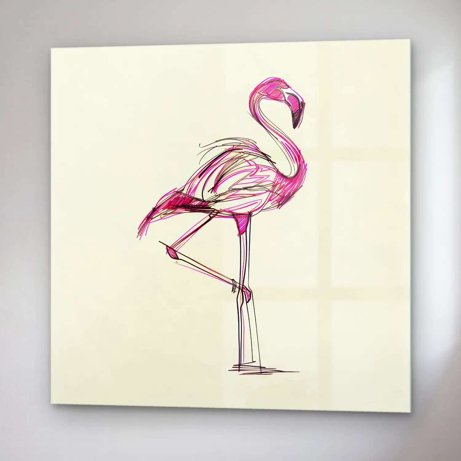 Çizgi Sanatı Flamingo – Pembe Tonlar cam tablo — sağ açıdan görünüm