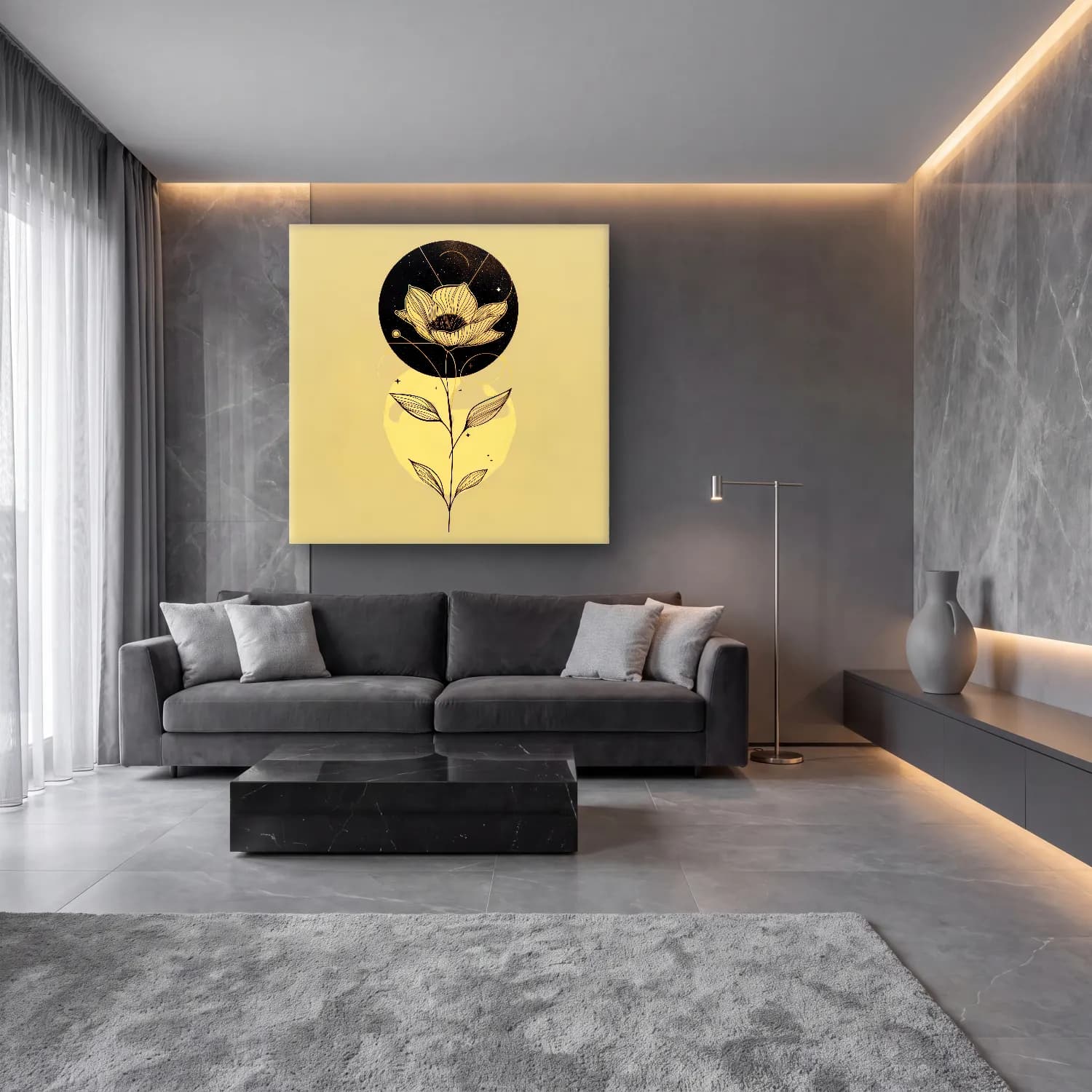 Çizgi Sanatı Ay ve Gece – Siyah Beyaz Tonlar cam tablo — lüks salon duvarında