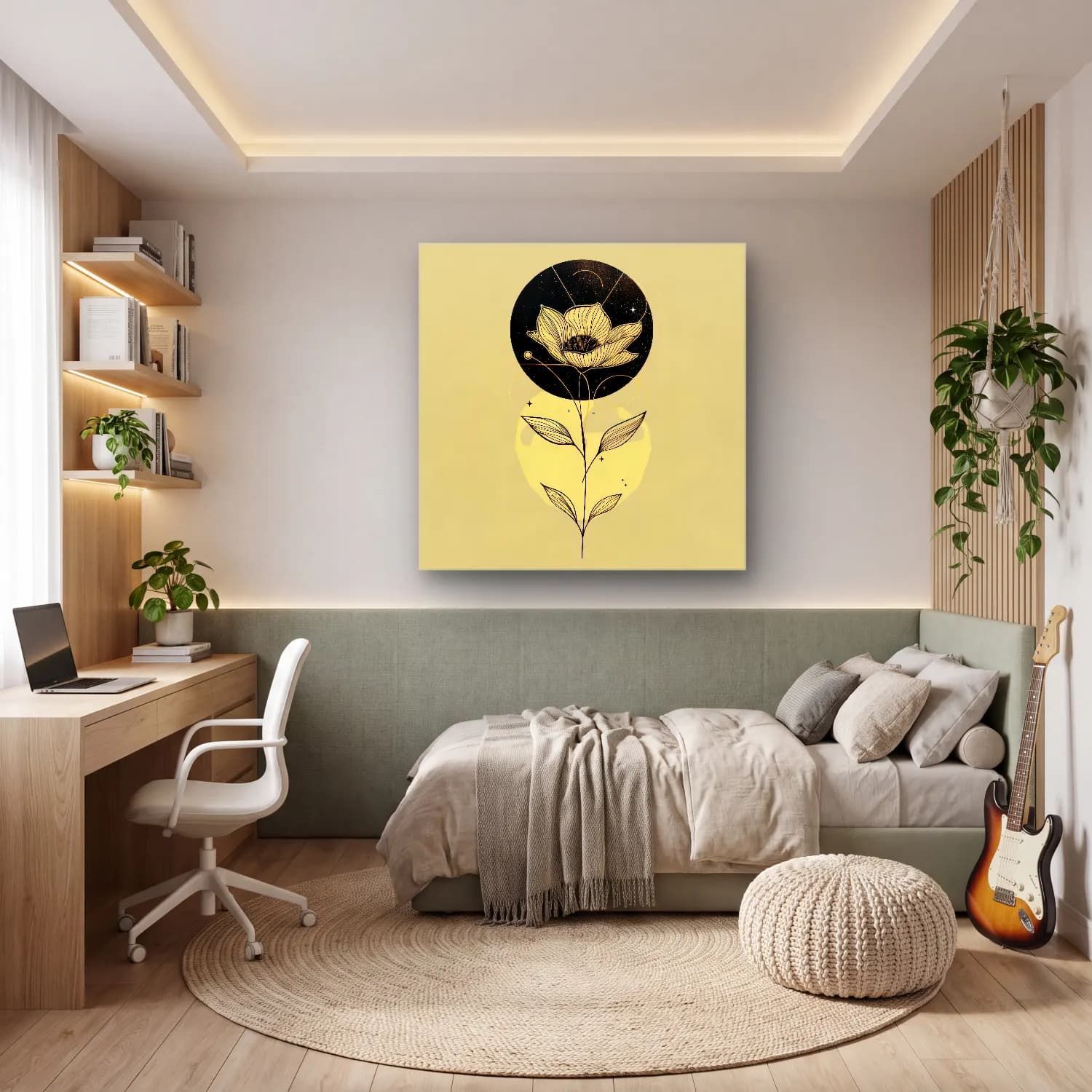 Çizgi Sanatı Ay ve Gece – Siyah Beyaz Tonlar cam tablo — genç odasında