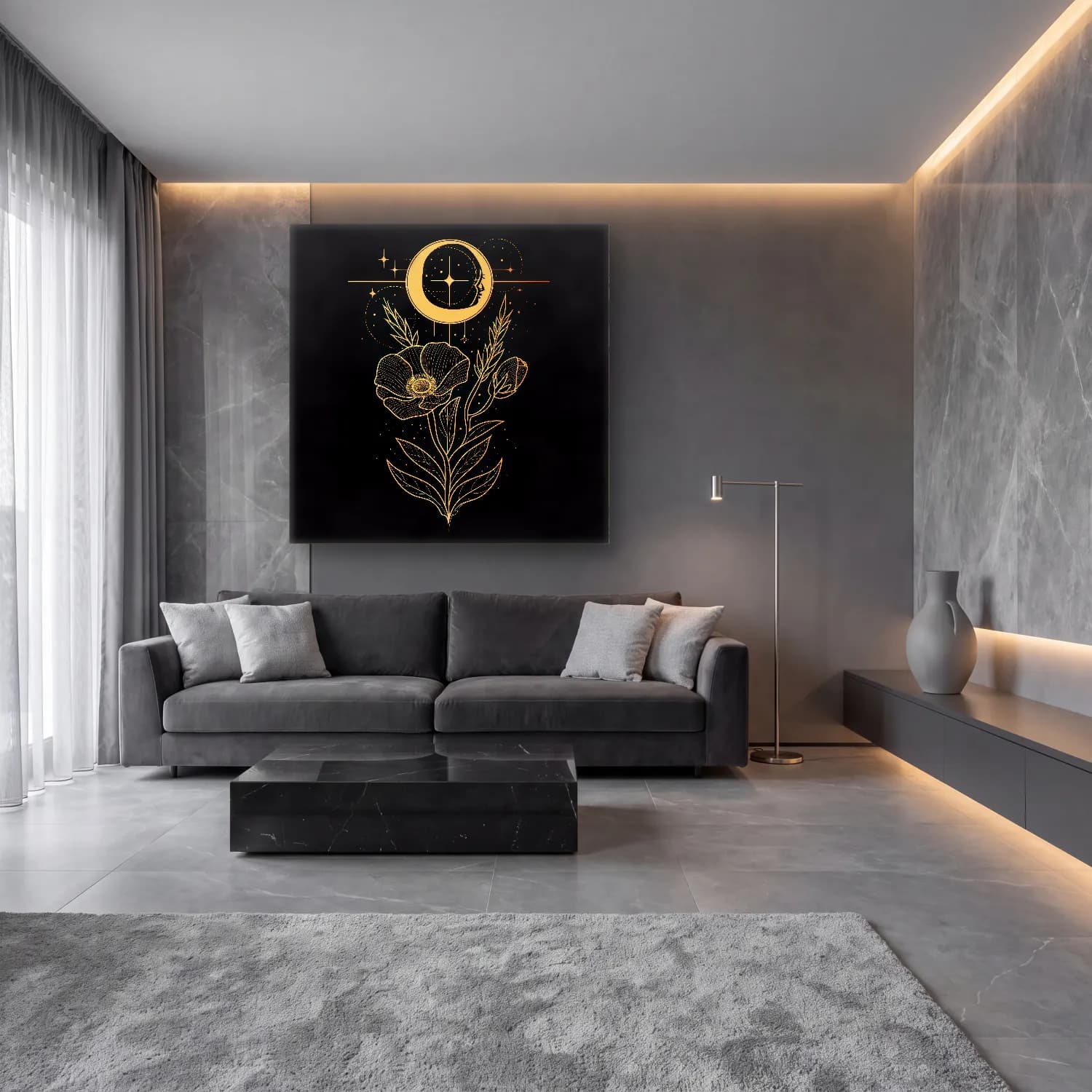 Botanik İllüstrasyon Ay ve Gece – Bej Tonlar cam tablo — lüks salon duvarında