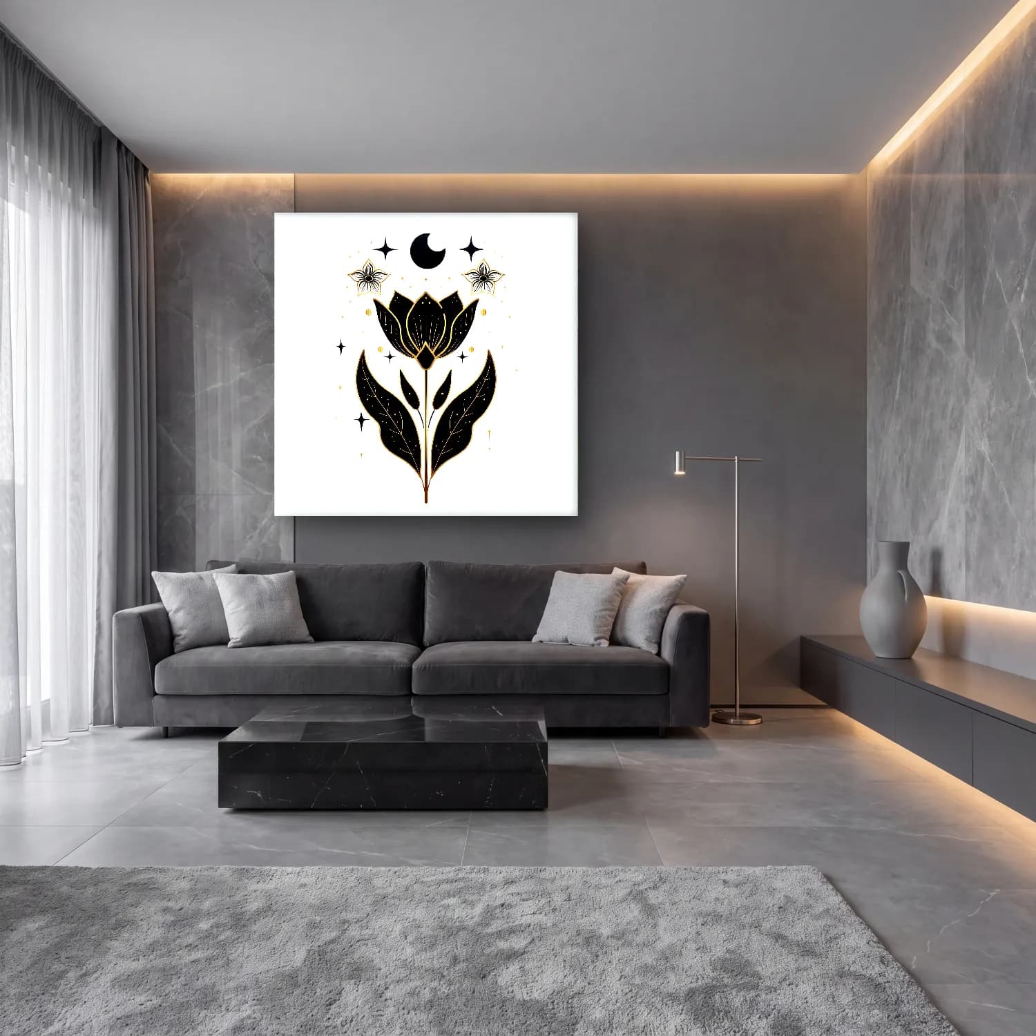 Botanik İllüstrasyon Lotus Çiçekleri – Siyah Beyaz Tonlar cam tablo — lüks salon duvarında