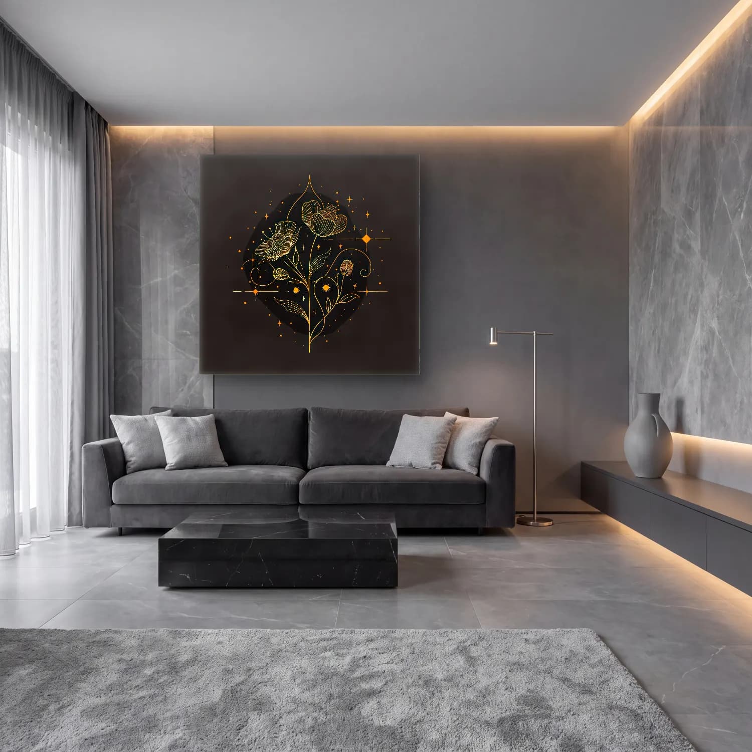 Botanik İllüstrasyon Çiçek Deseni No. 40 cam tablo — lüks salon duvarında