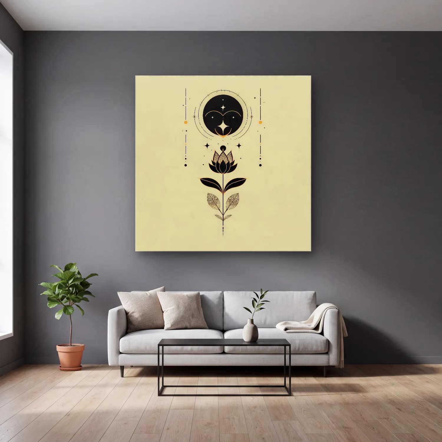 Boho Lotus Çiçekleri cam tablo — gri duvarlı salonda