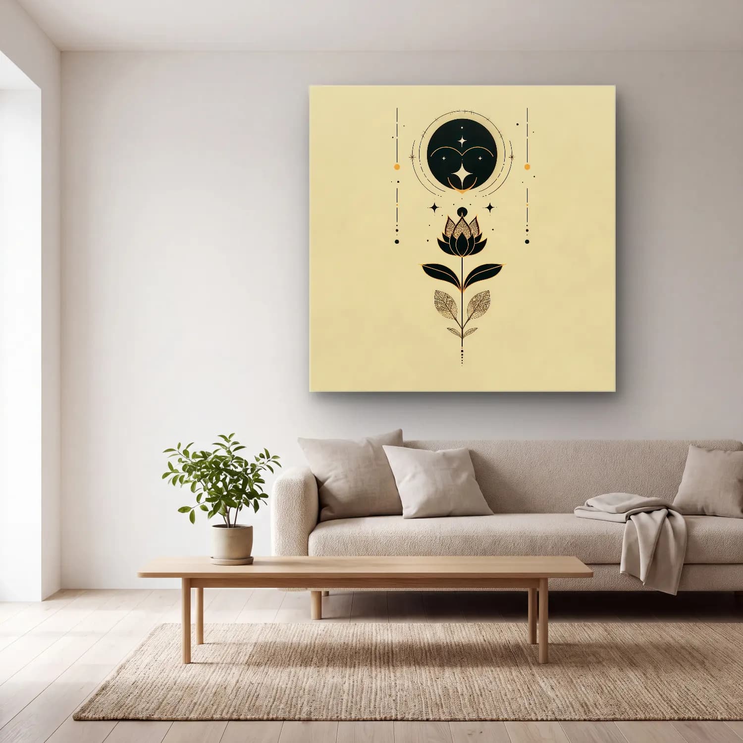 Boho Lotus Çiçekleri cam tablo — açık renk salonda