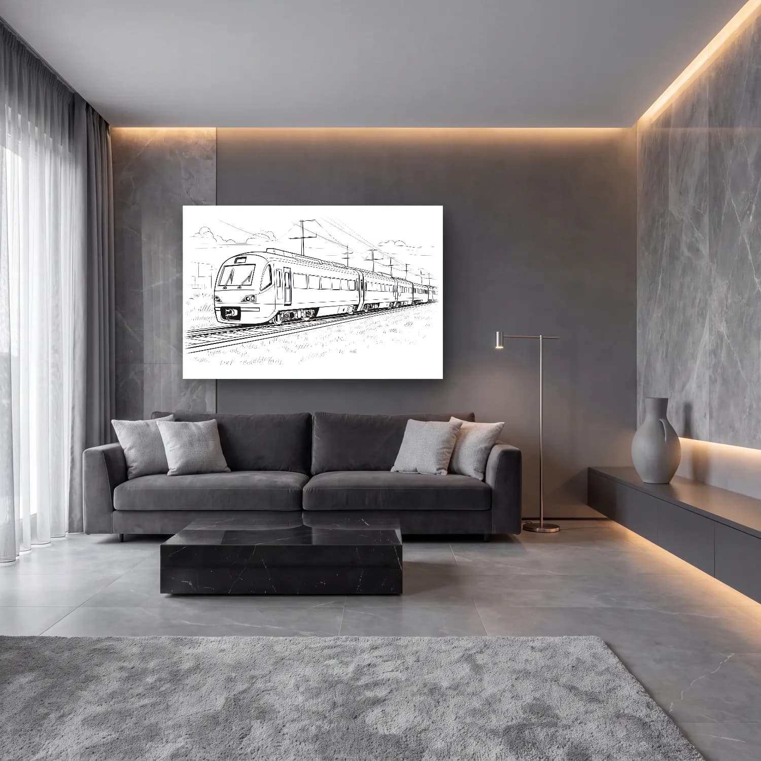 Çizgi Sanatı Tren cam tablo — lüks salon duvarında