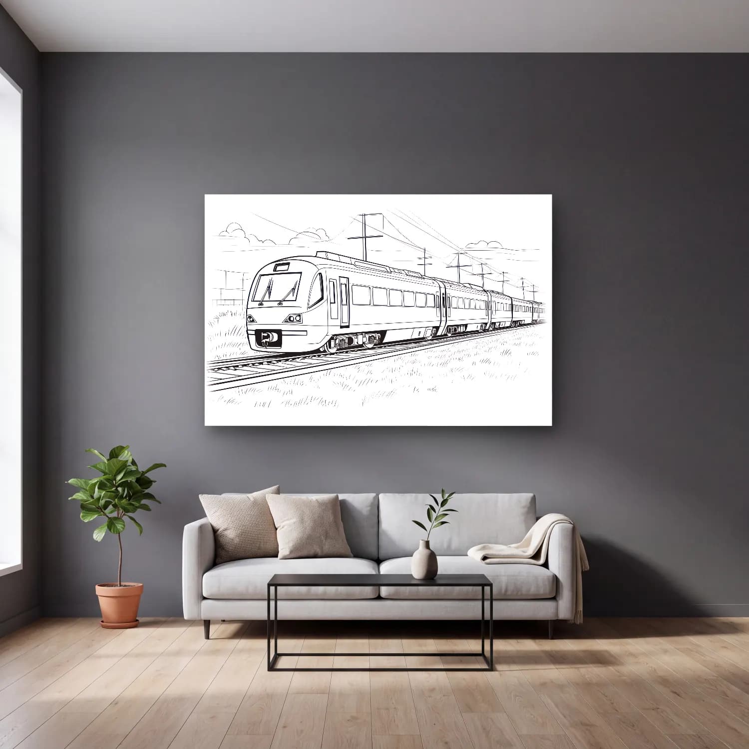 Çizgi Sanatı Tren cam tablo — gri duvarlı salonda