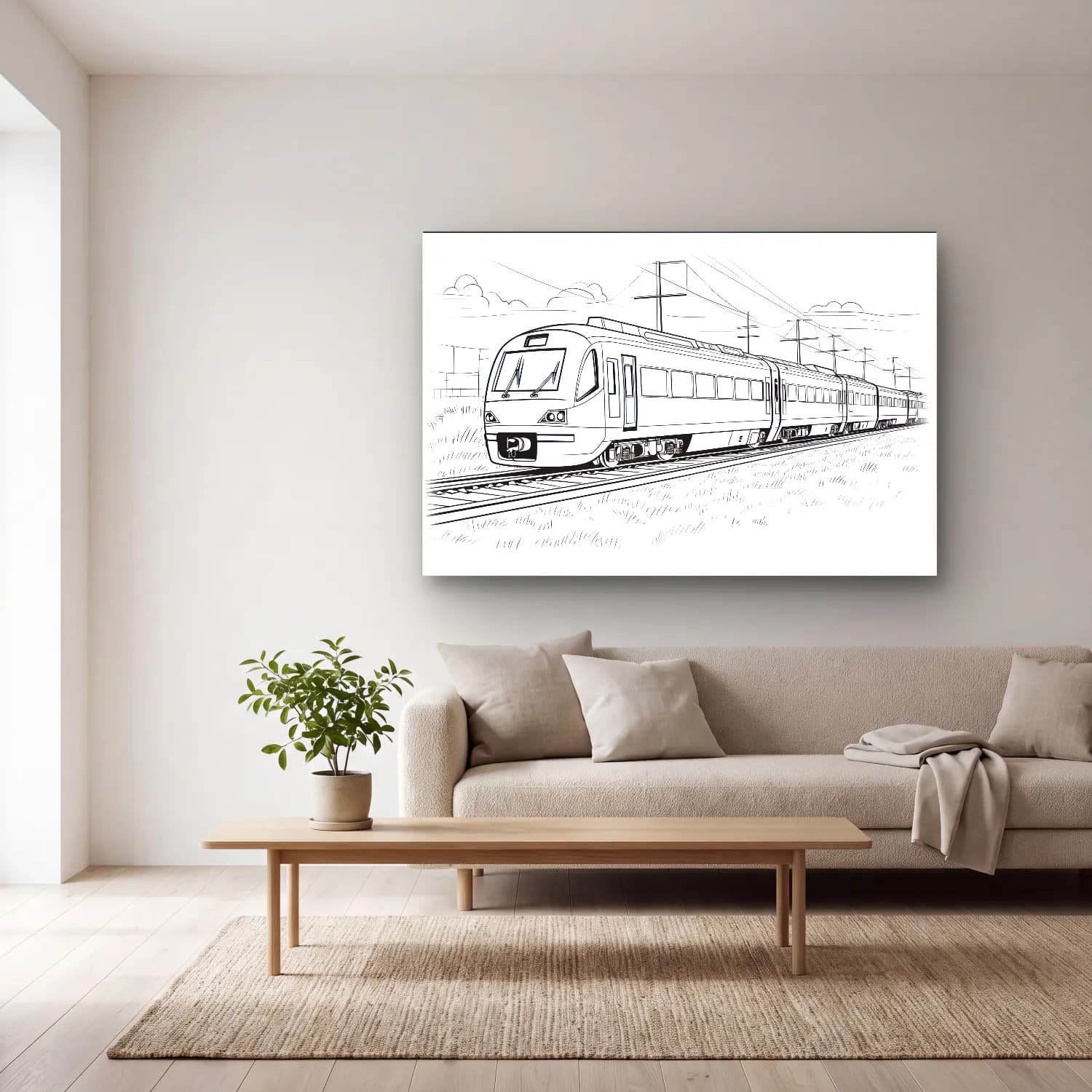 Çizgi Sanatı Tren cam tablo — açık renk salonda