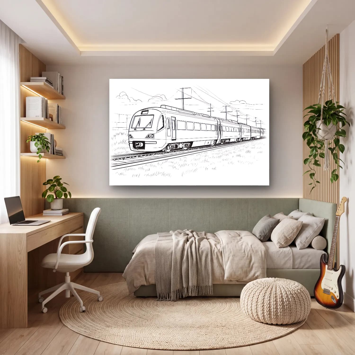 Çizgi Sanatı Tren cam tablo — genç odasında