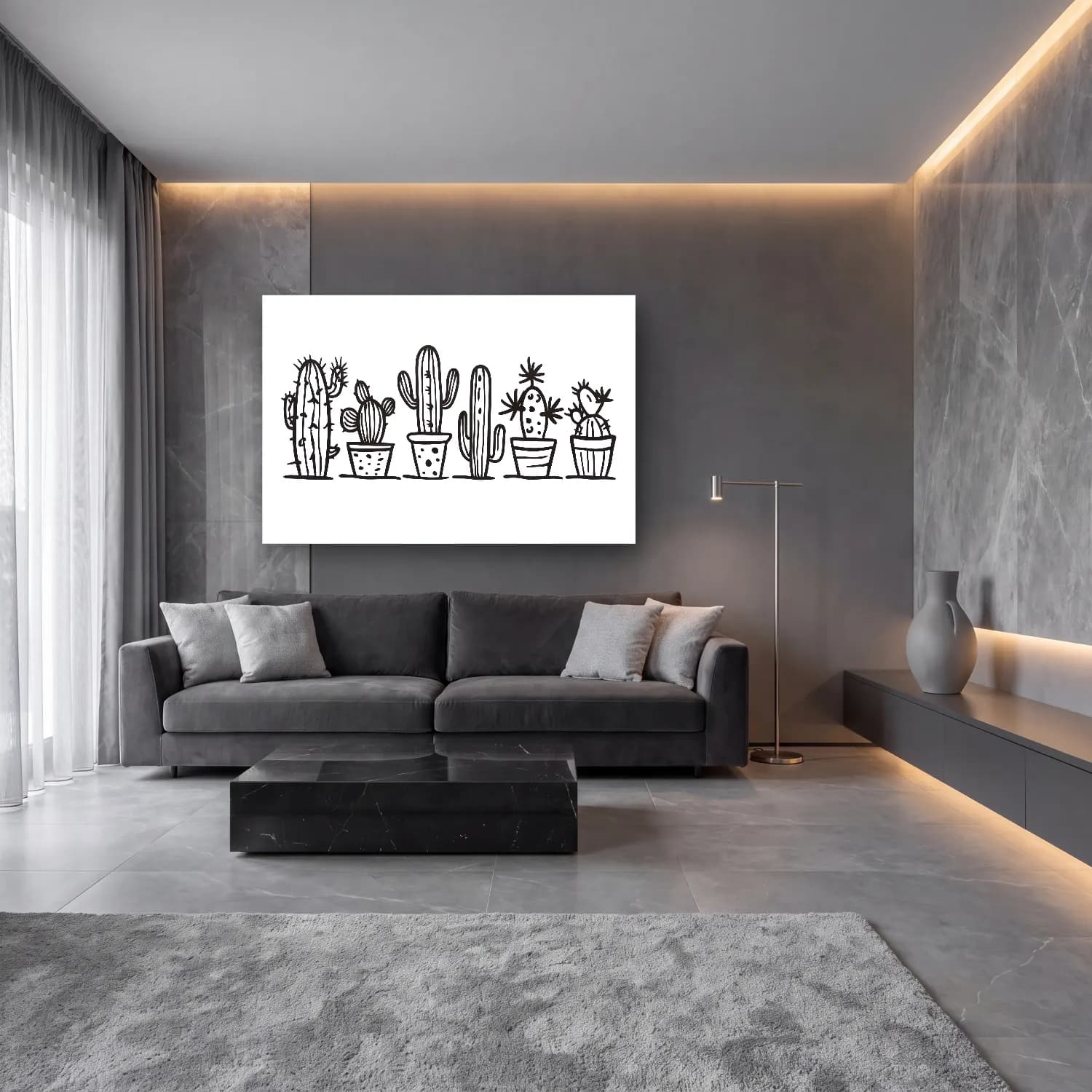 Çizgi Sanatı Kaktüs – Siyah Beyaz Tonlar cam tablo — lüks salon duvarında