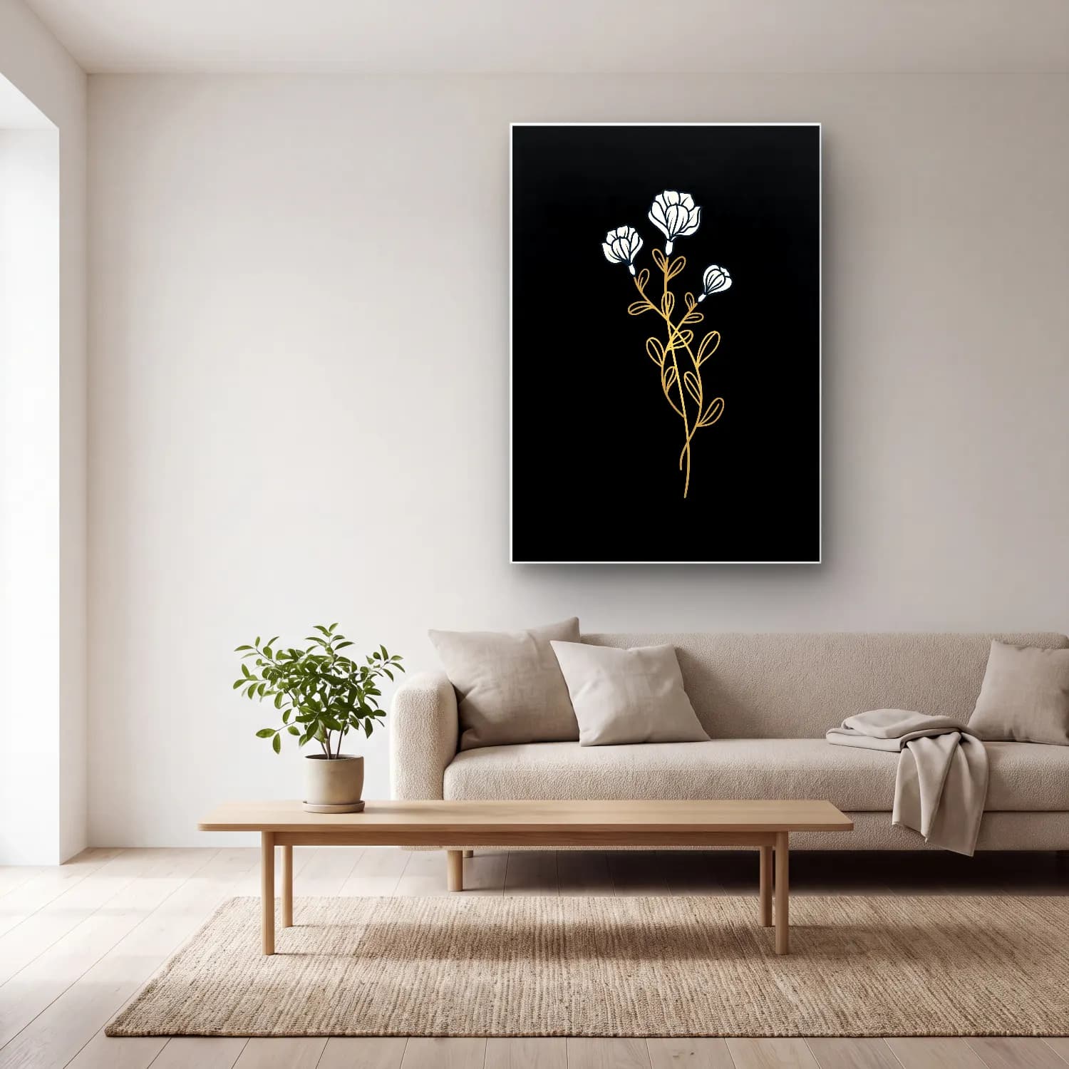 Botanik İllüstrasyon Çiçek Deseni No. 42 cam tablo — açık renk salonda