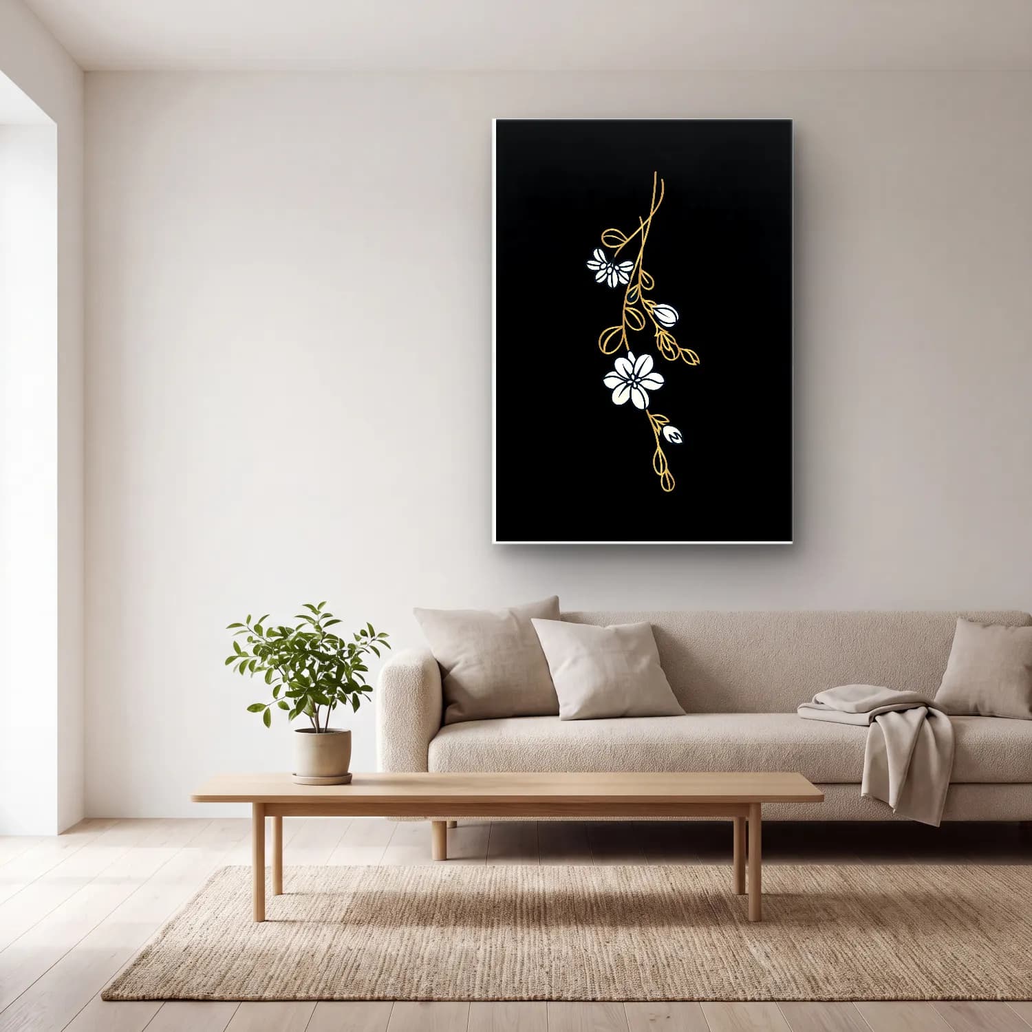 Siyah Beyaz Çiçek Deseni No. 7 cam tablo — açık renk salonda