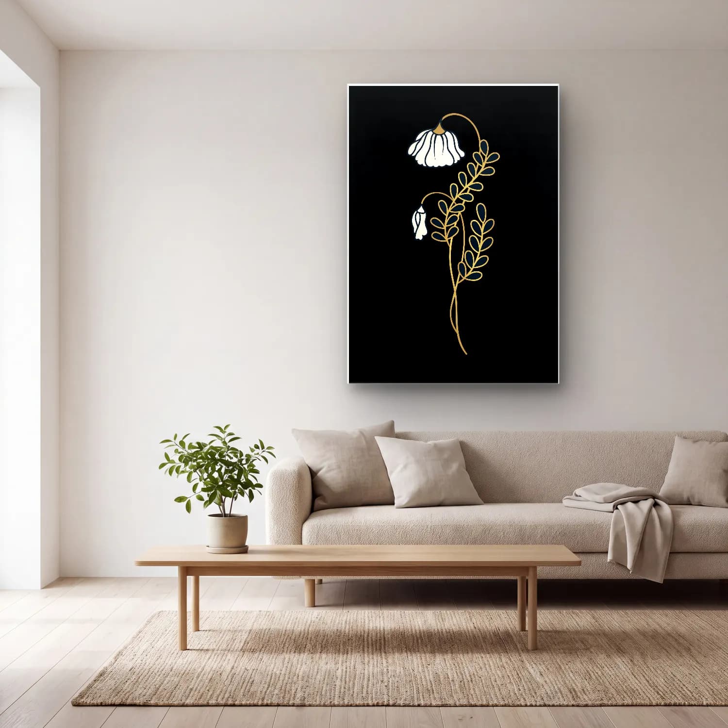 Botanik İllüstrasyon Çiçek Deseni No. 45 cam tablo — açık renk salonda