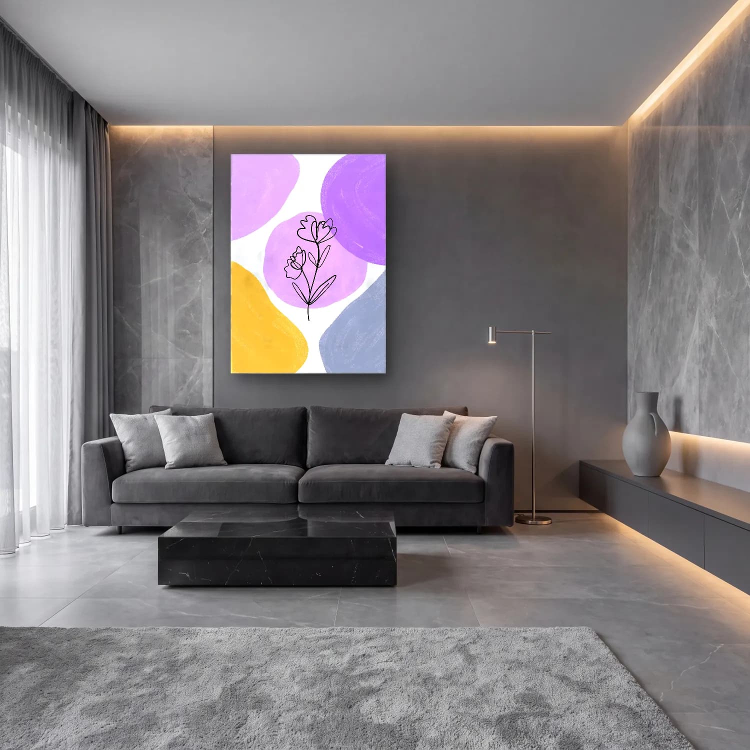 Çizgi Sanatı Çiçek Deseni – Mor Tonlar cam tablo — lüks salon duvarında
