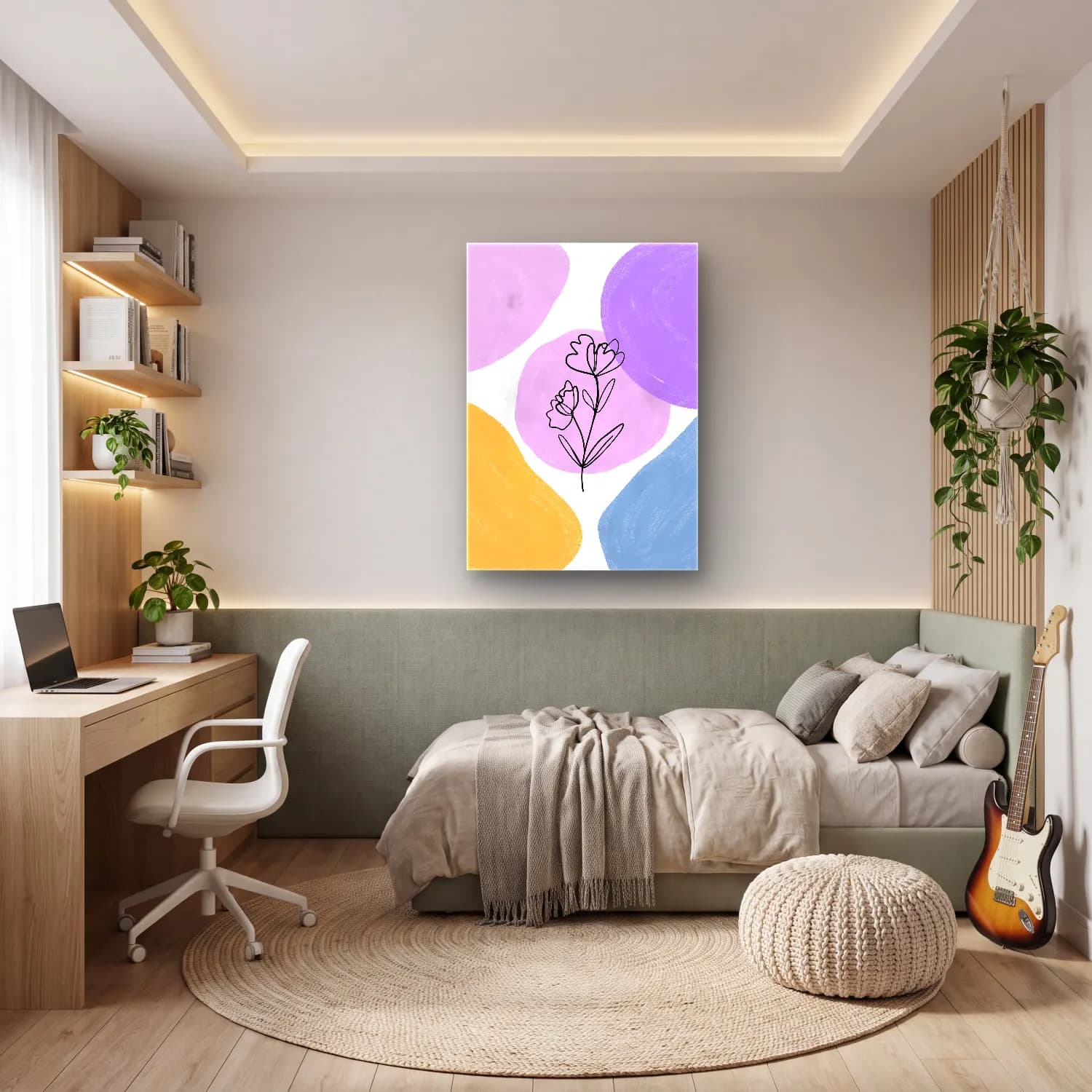 Çizgi Sanatı Çiçek Deseni – Mor Tonlar cam tablo — genç odasında