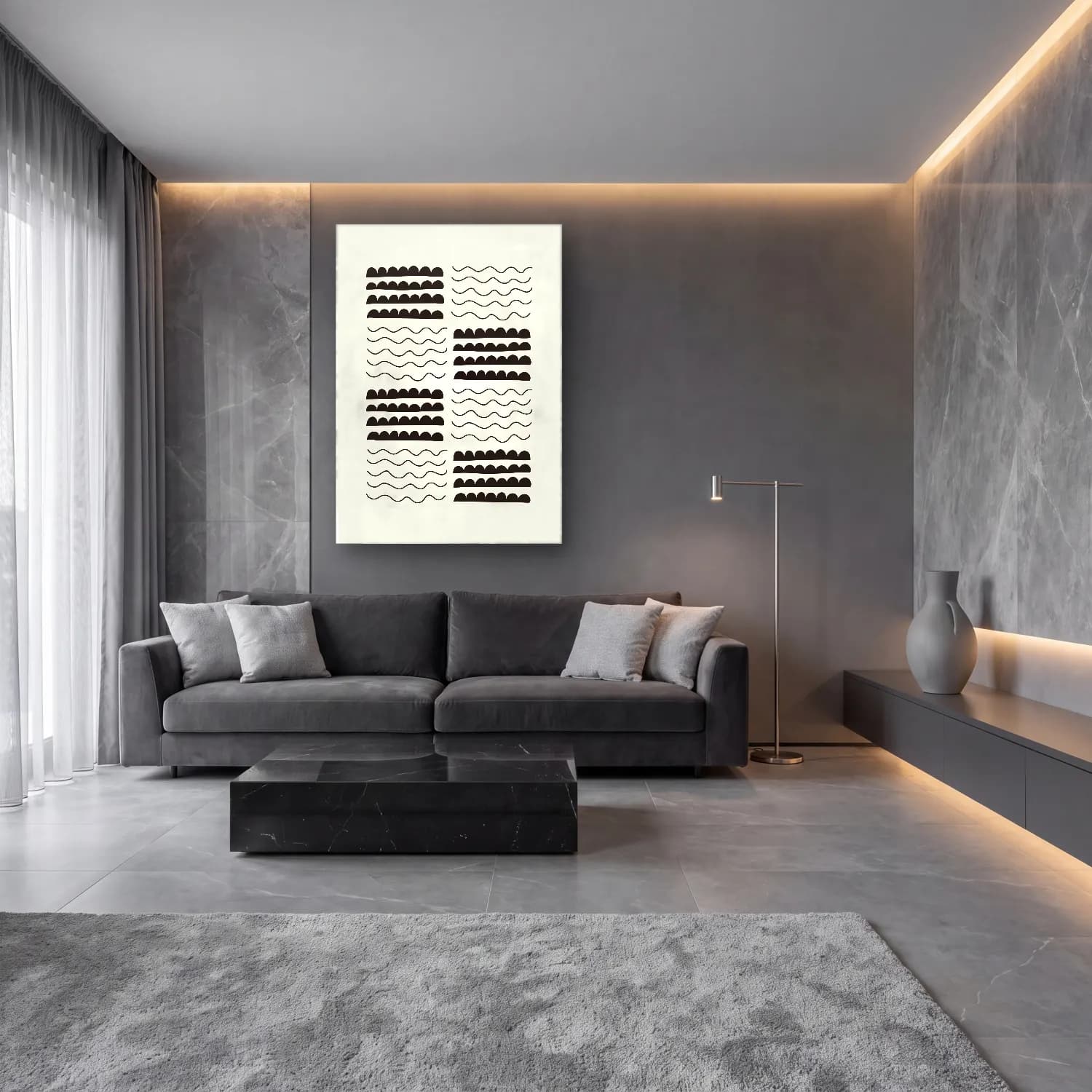 Siyah Beyaz Dalgalı Çizgiler No. 7 cam tablo — lüks salon duvarında