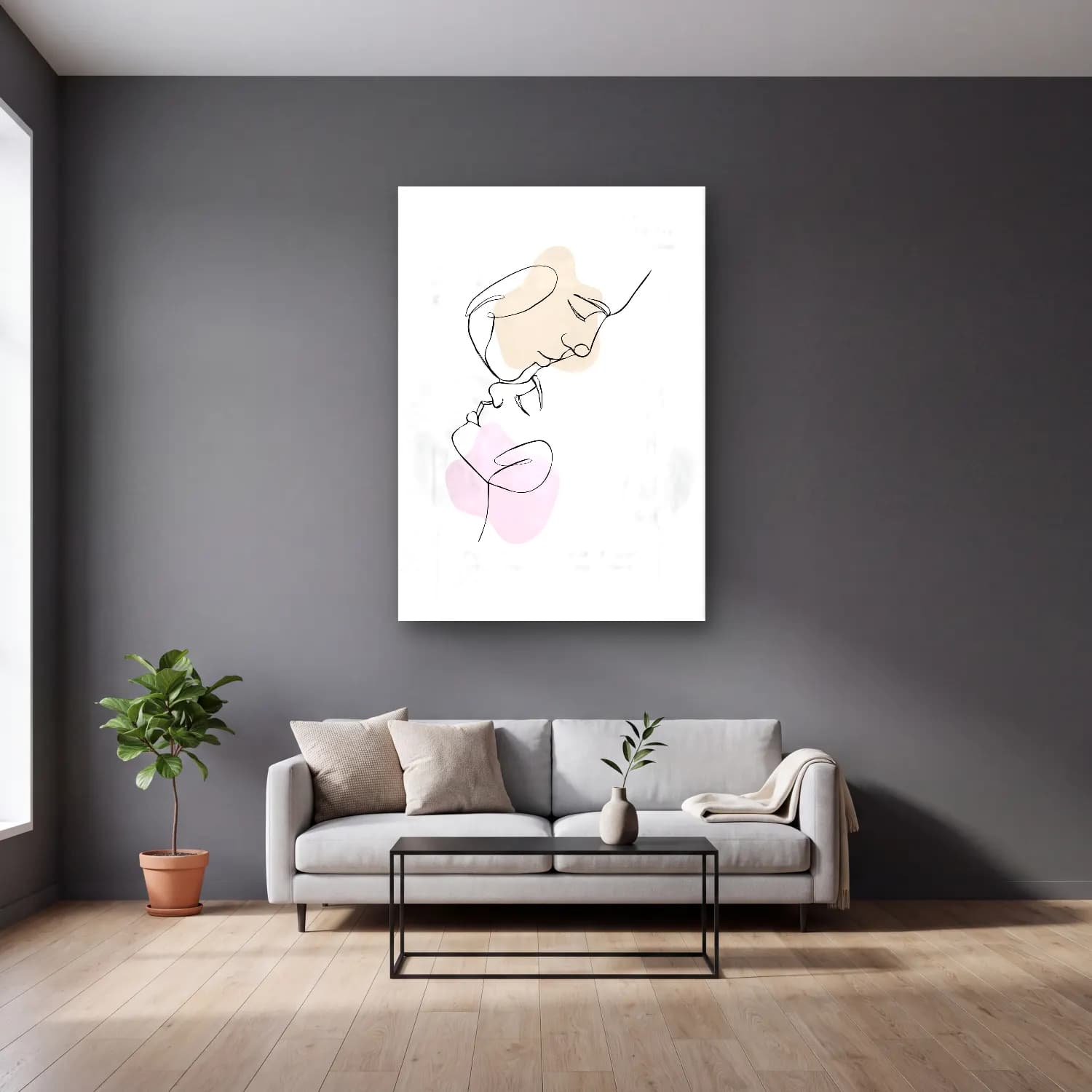 Çizgi Sanatı Çizgi Yüz – Pembe Tonlar cam tablo — gri duvarlı salonda