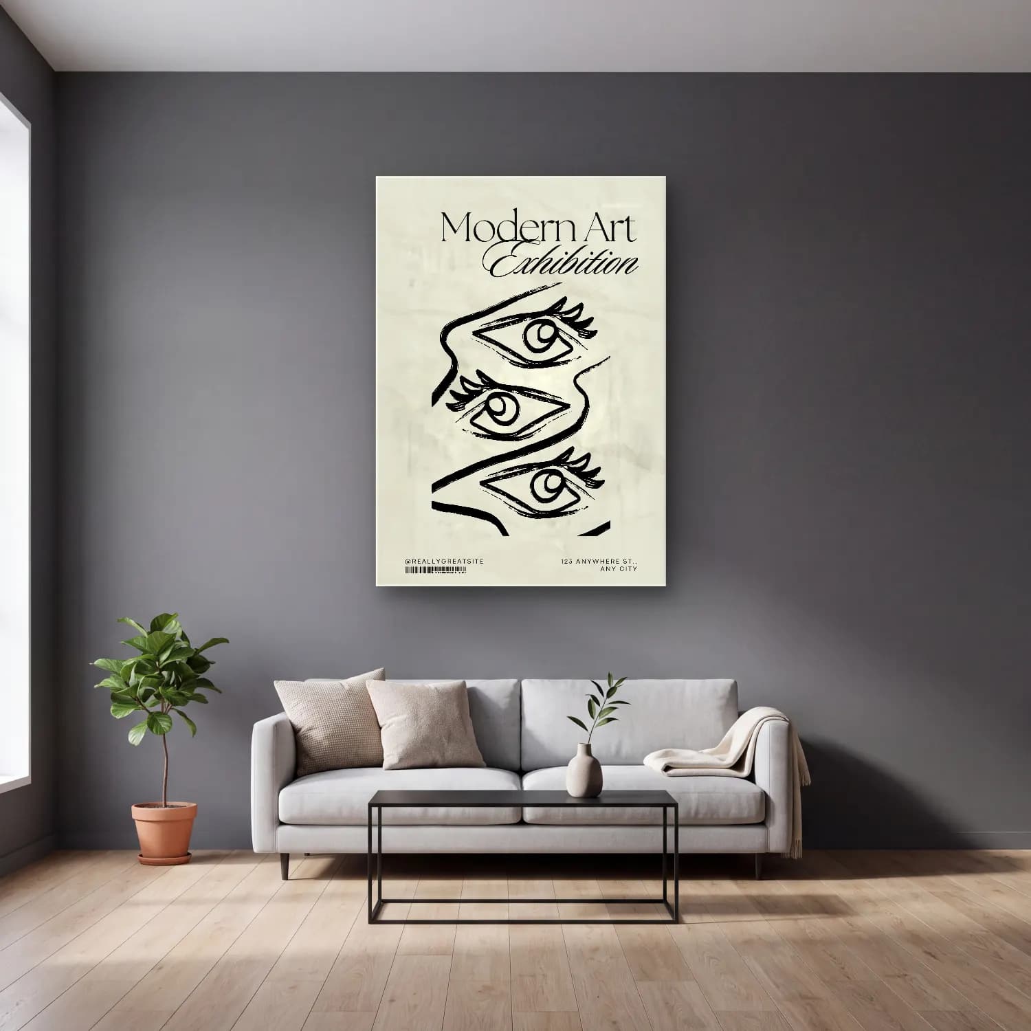 Vintage Poster Çizgi Yüz cam tablo — gri duvarlı salonda