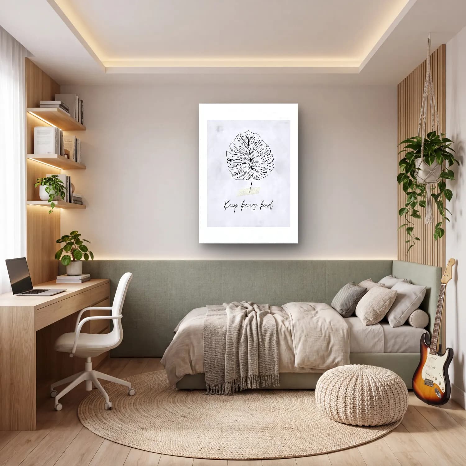 Çizgi Sanatı Monstera Yaprağı No. 5 cam tablo — genç odasında